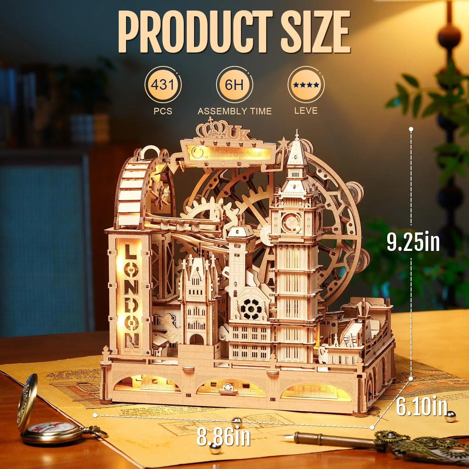 3D Houten Knikkerbaan Puzzel – Mechanische Marble Run Bouwset met Londen Thema – Interactieve STEM Puzzel voor Volwassenen en Tieners