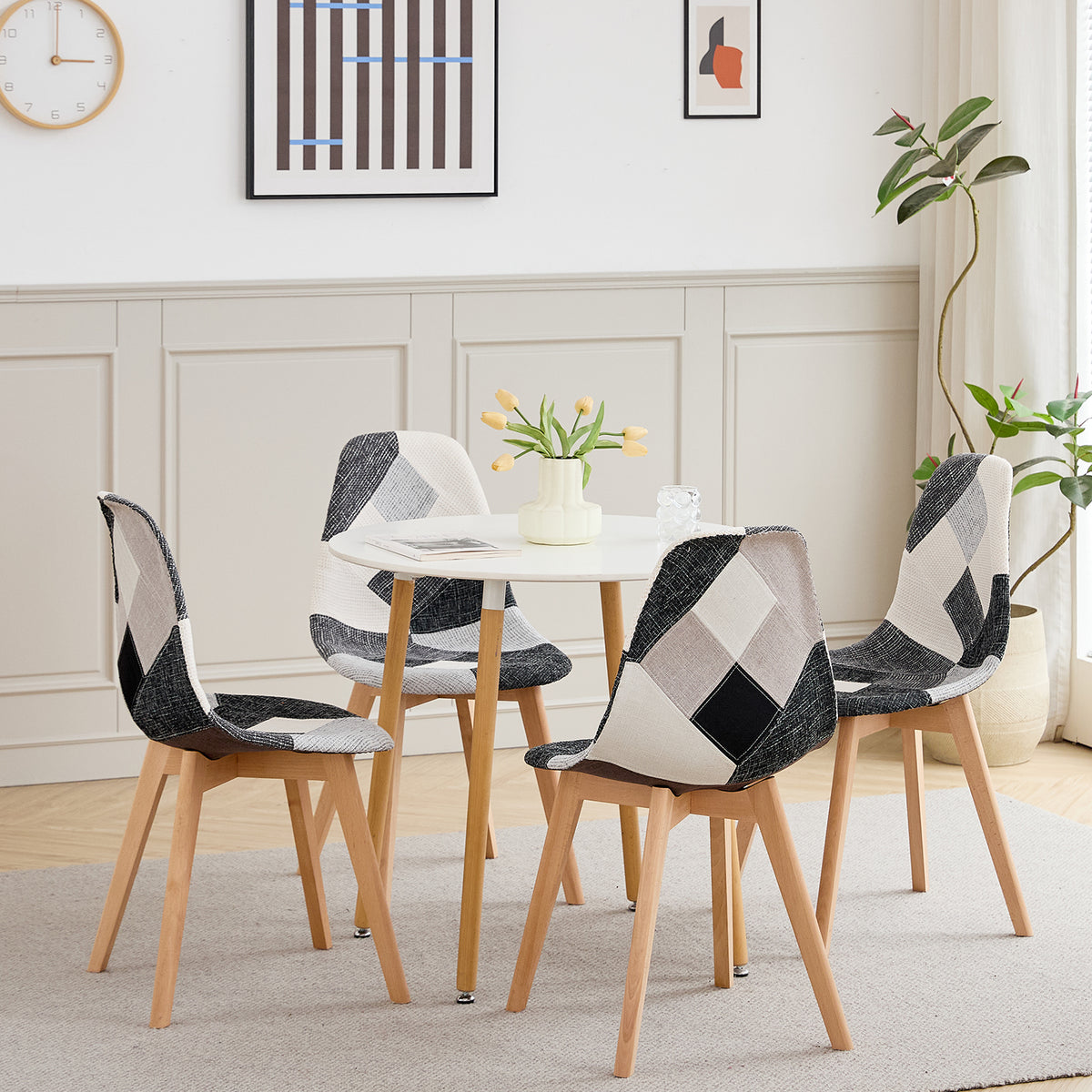 Set van 4 Nordic Patchwork Eetkamerstoelen – Moderne Comfortabele Stoelen voor Keuken en Woonkamer