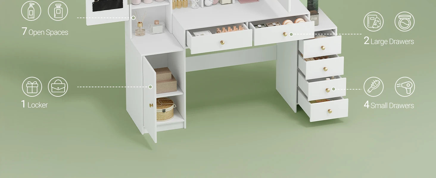 Moderne Make‑up Tafel met LED‑Verlichting, Spiegel & Veel Opbergruimte – 8 Open Vakken, 6 Laden, Sieradenvak – Witte Kaptafel voor Slaapkamer