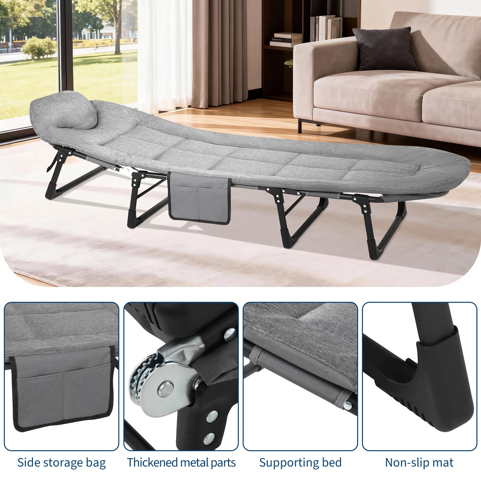 Draagbaar Campingbed met Matras en Kussen – Opvouwbaar Ligbed met Verstelbare Rugleuning en Zijvak