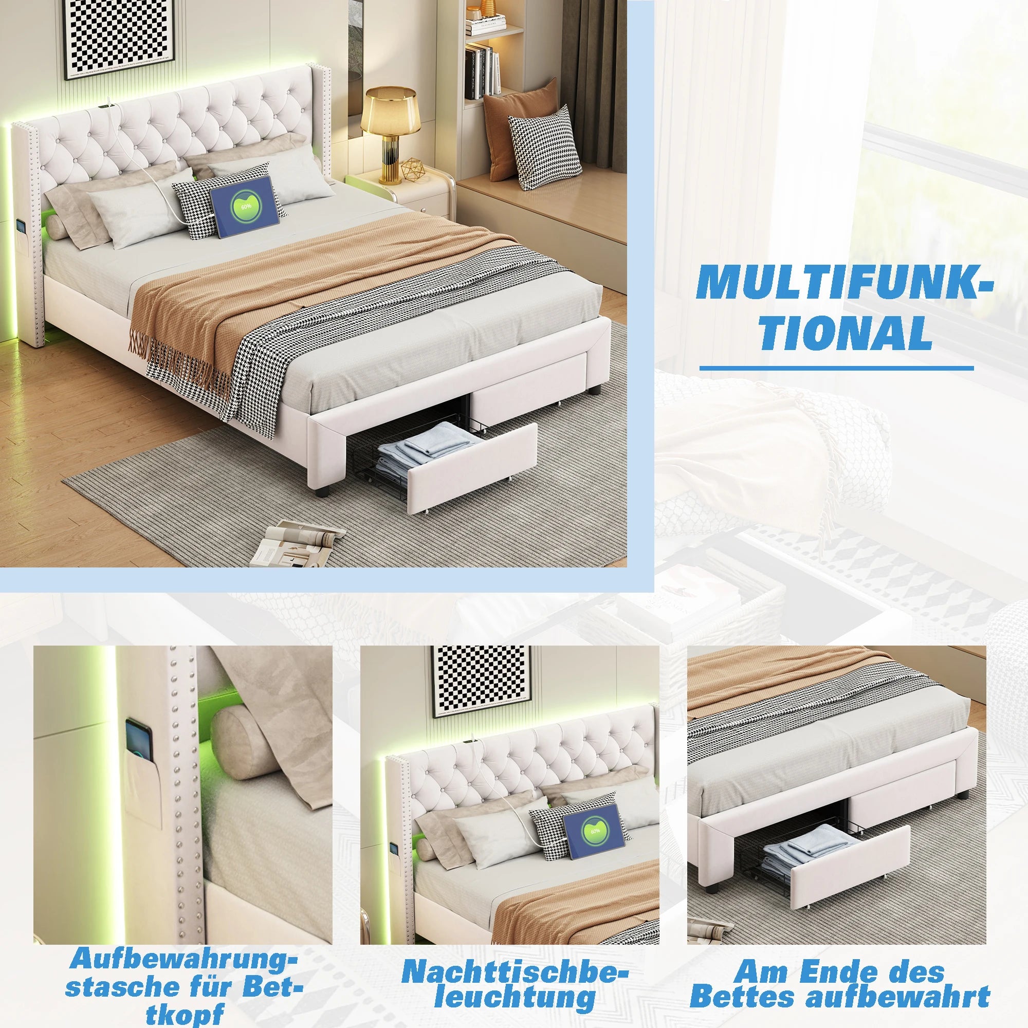Fluwelen tweepersoonsbed met LED-verlichting, USB-poort en opberglades