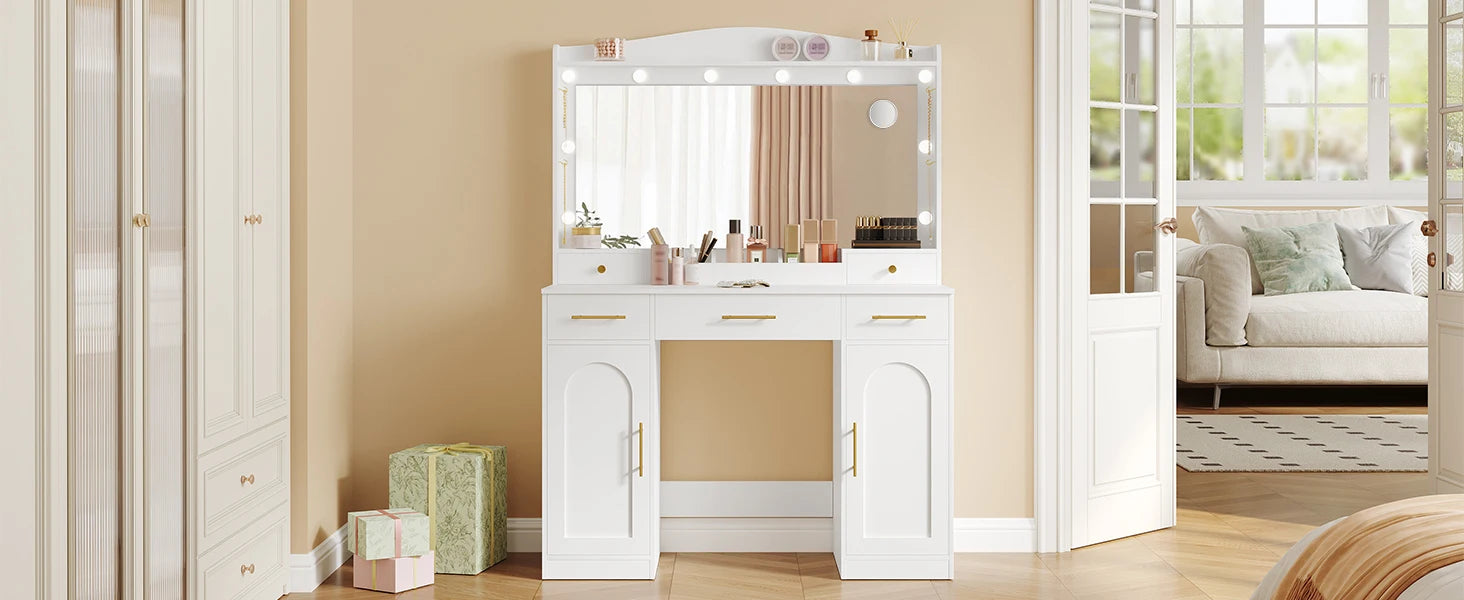 Moderne Kaptafel met LED‑Spiegel, 3 Kleuren LED‑Licht, 5 Laden en Opbergkast – Wit