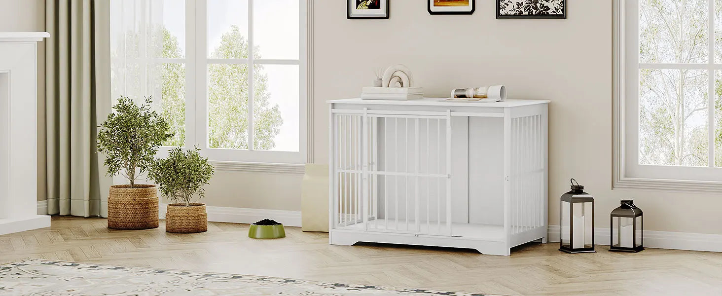Houten Hondenbench Meubel XL met Schuifdeur – Design Hondenkooi voor Grote Honden – Industrieel Bijzettafel & Bench in Één