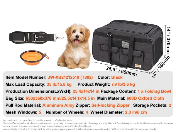 Opvouwbare Reismand voor Kat & Hond met Wieltjes – Comfortabele Trolley Draagtas tot 15,8 kg