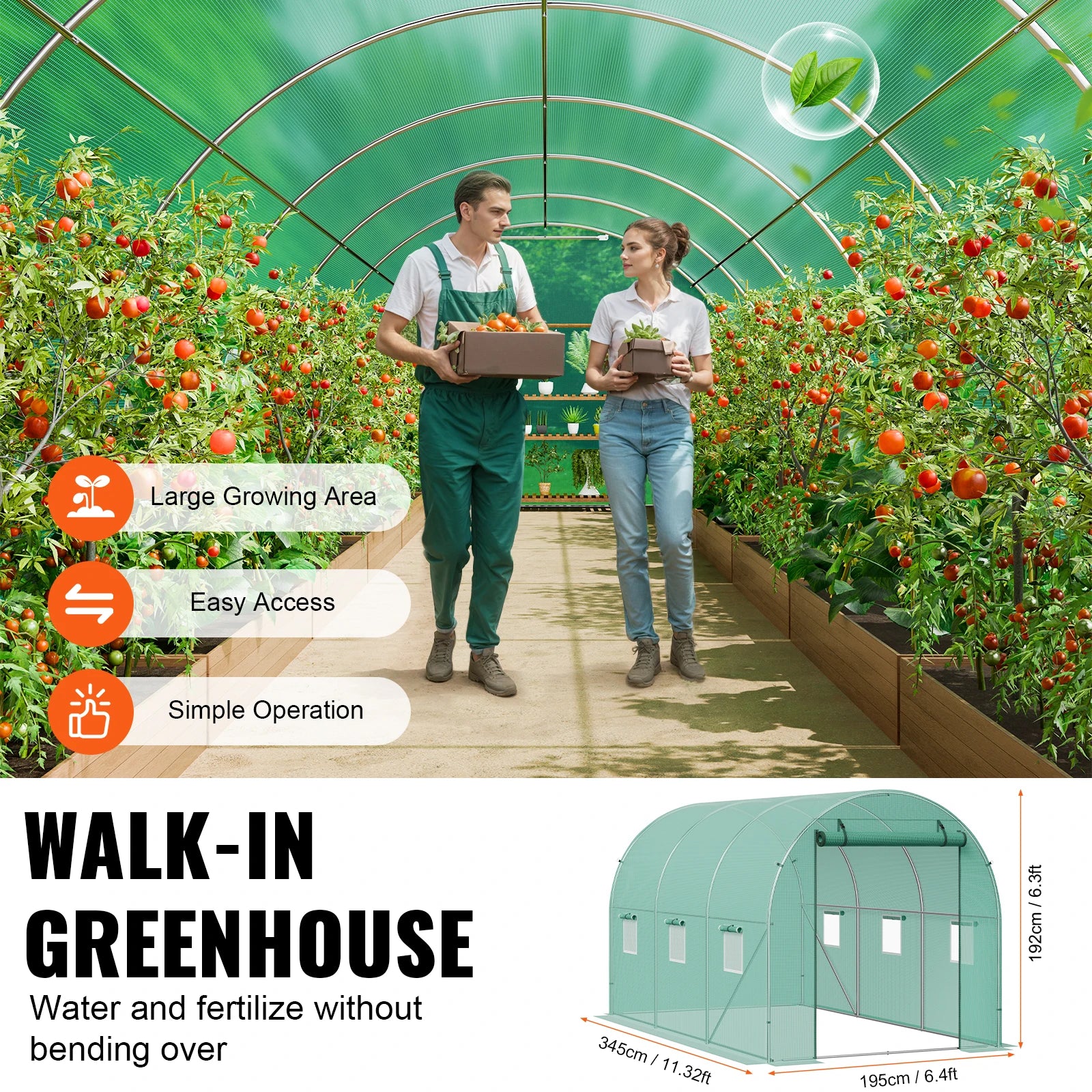 Wandelbare Tunnelkas met Stalen Frame 345×195×192 cm – Grote Inloop Tuinkas met PE Afdekking, Ritsdeur en Ventilatieramen