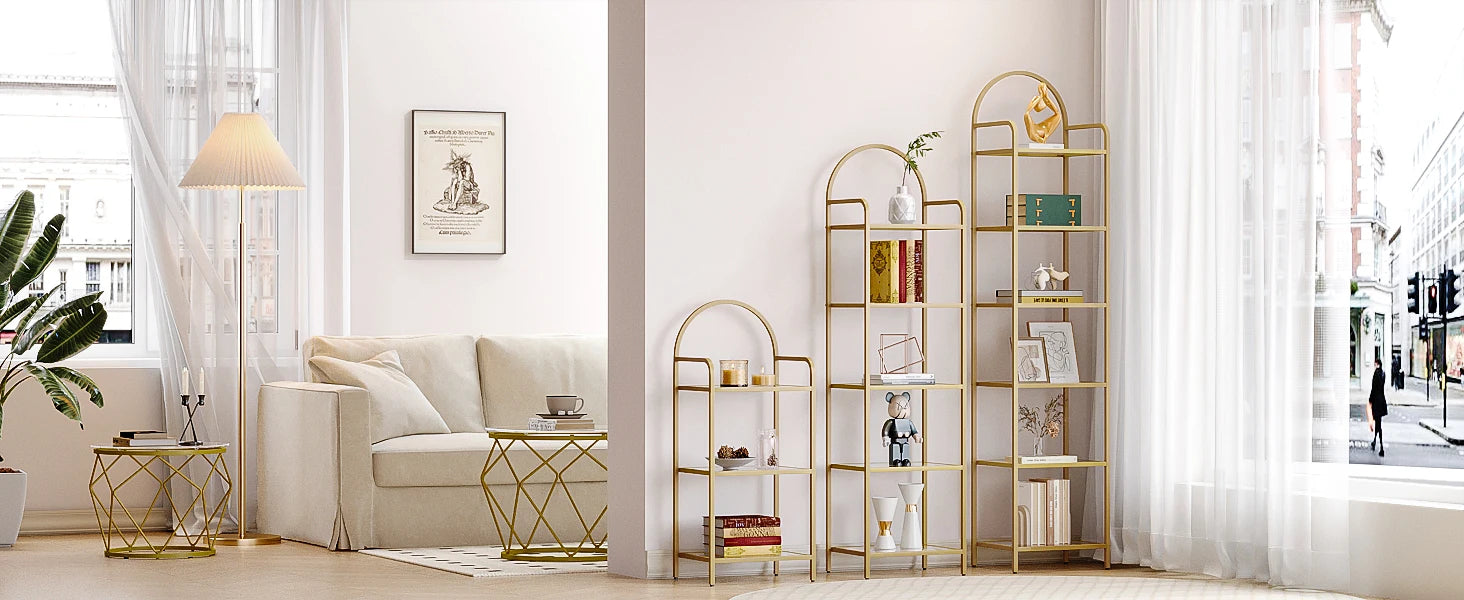 Smalle Boekenkast met Glazen Planken en Goud Stalen Frame – Moderne Open Kast 5 Niveaus voor Woonkamer, Slaapkamer en Badkamer