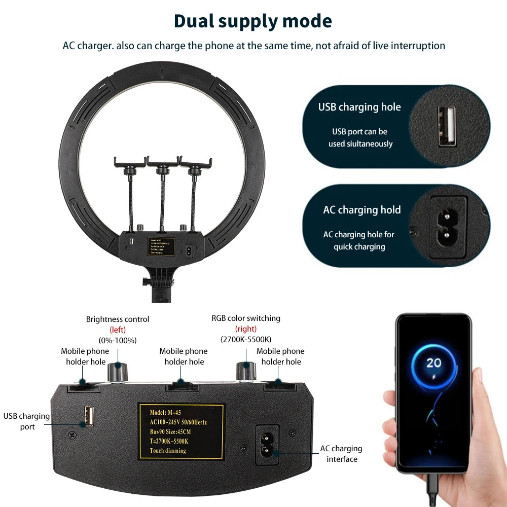 Dimbare 18 Inch RGB Selfie Ringlamp met Tripod en Telefoonhouder – Make-up, YouTube en Fotografie Studio Verlichting
