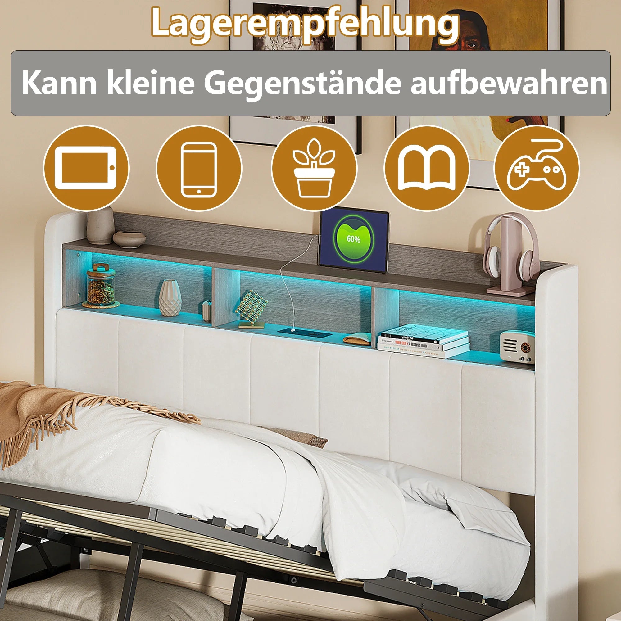 Gestoffeerd bed 140x200 cm met LED verlichting en opbergruimte