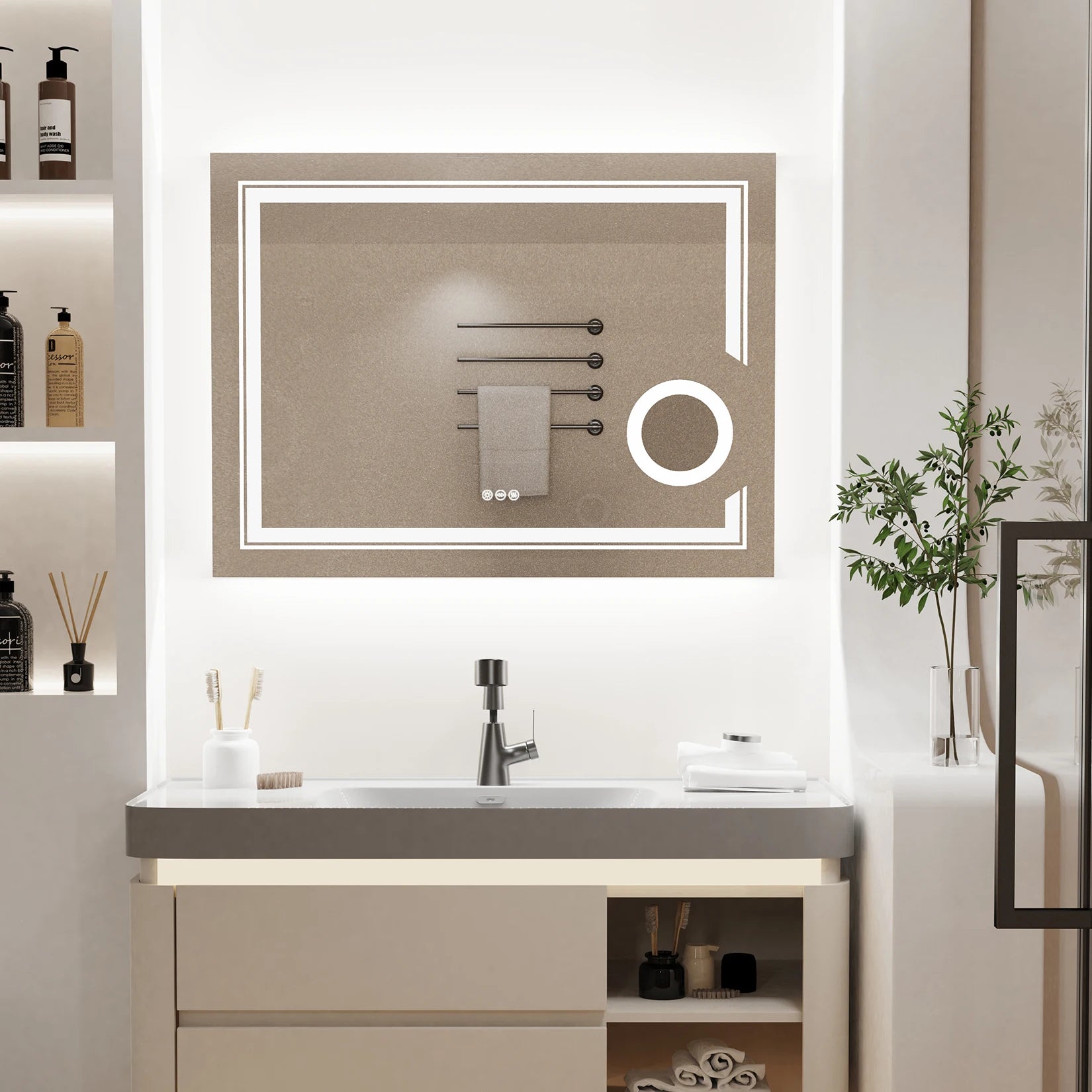 Moderne LED Badkamerspiegel 60×45 cm – Dimbare Verlichting, Anti-Condens & Touch Bediening – Wandspiegel met Verlichting en 3x Vergrootglas