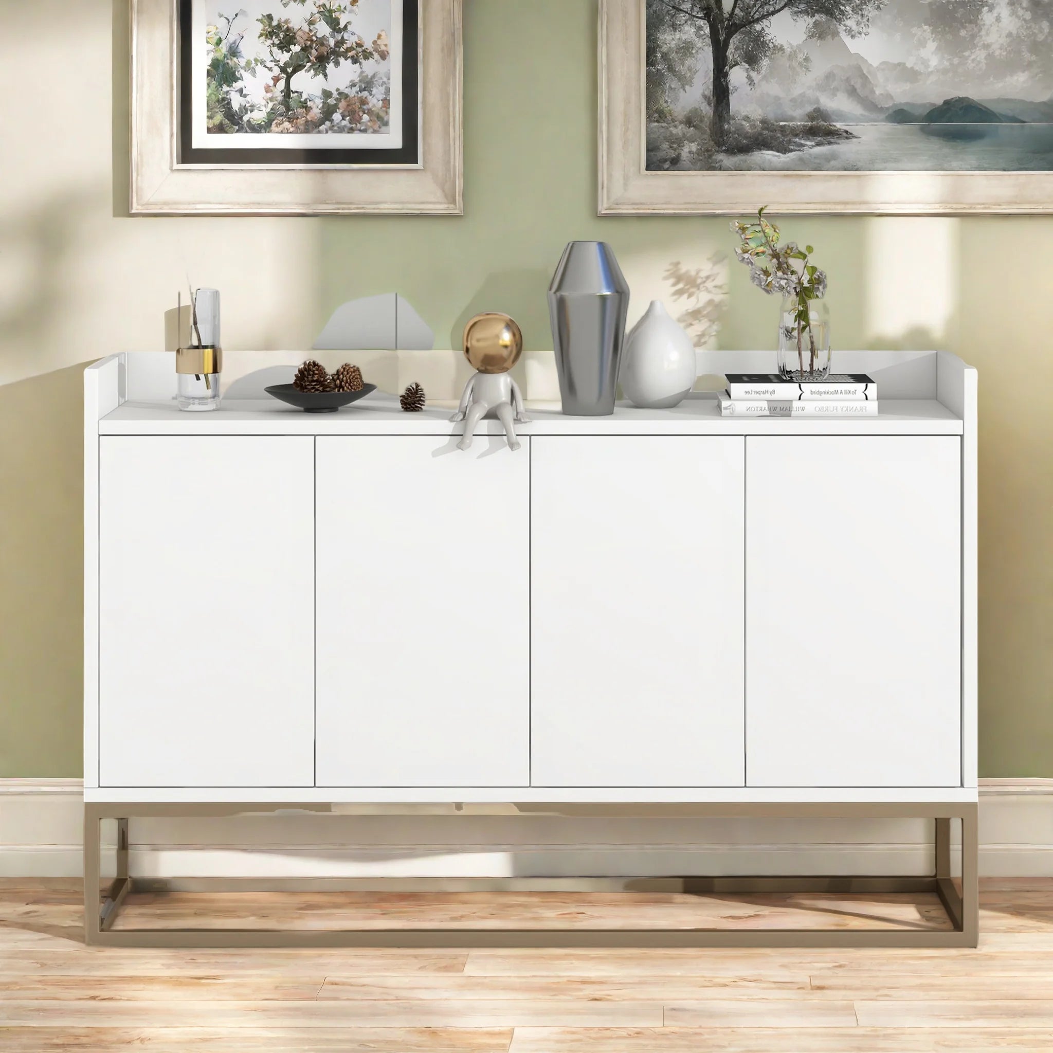 Minimalistische Dressoirkast 4 Deuren met Slot – Opbergkast Metaal & MDF – Moderne Buffetkast voor Woonkamer en Eetkamer