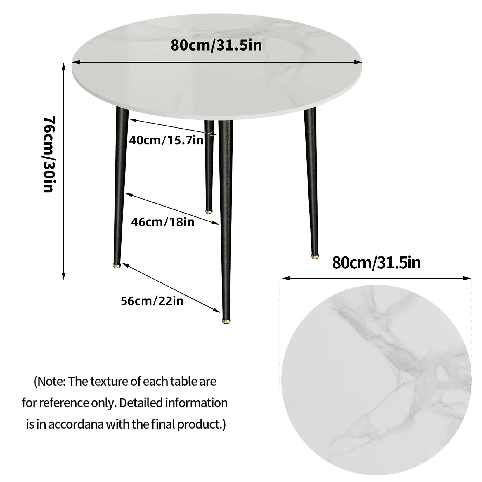 Ronde Eettafel 80 cm Sintersteen – Moderne Marmer Look Tafel met Zwarte Metalen Poten voor 2-4 Personen