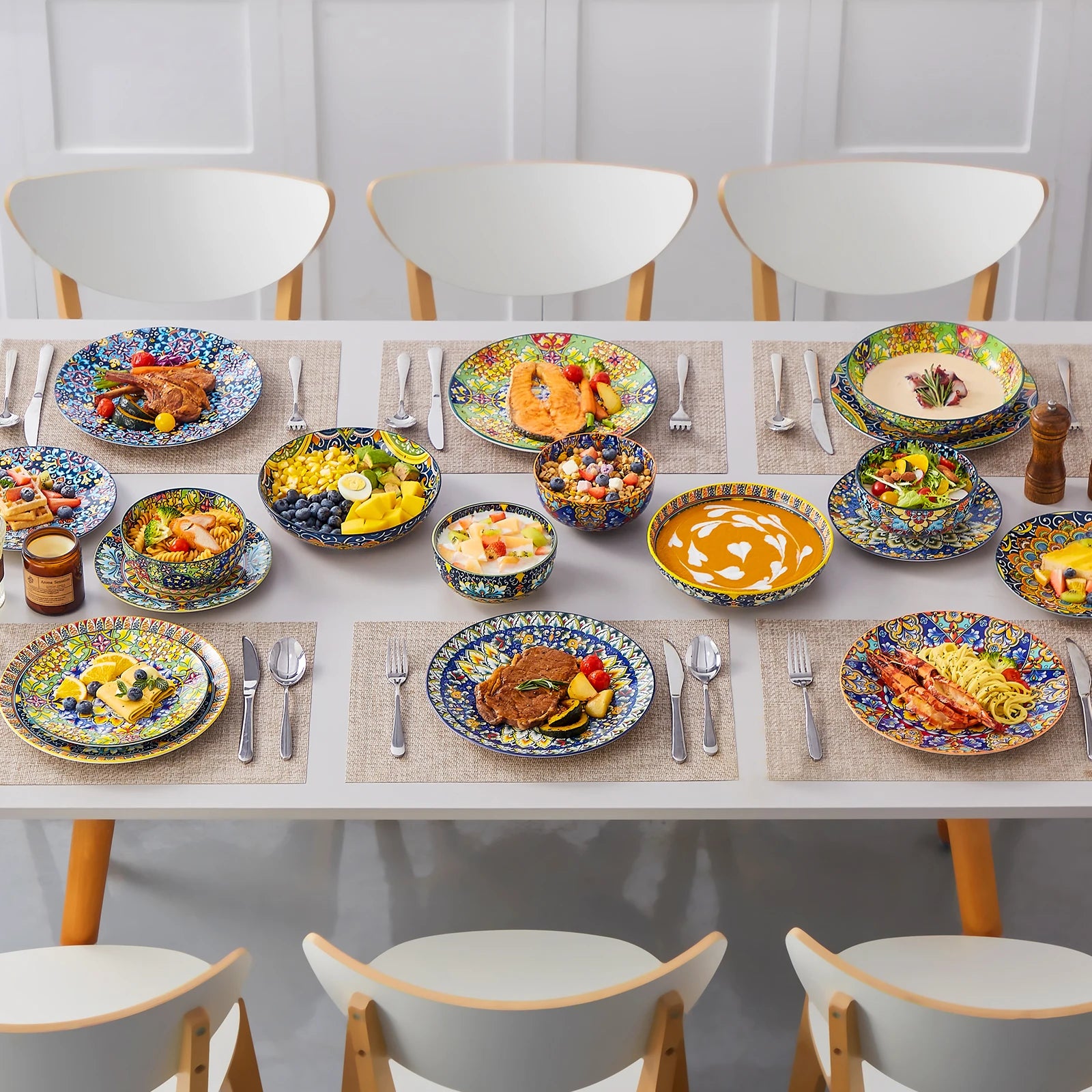 Boheemse Servies Set 24-delig – Porselein Servies voor 6 Personen – Kleurrijk Keramiek Servies met Borden en Kommen