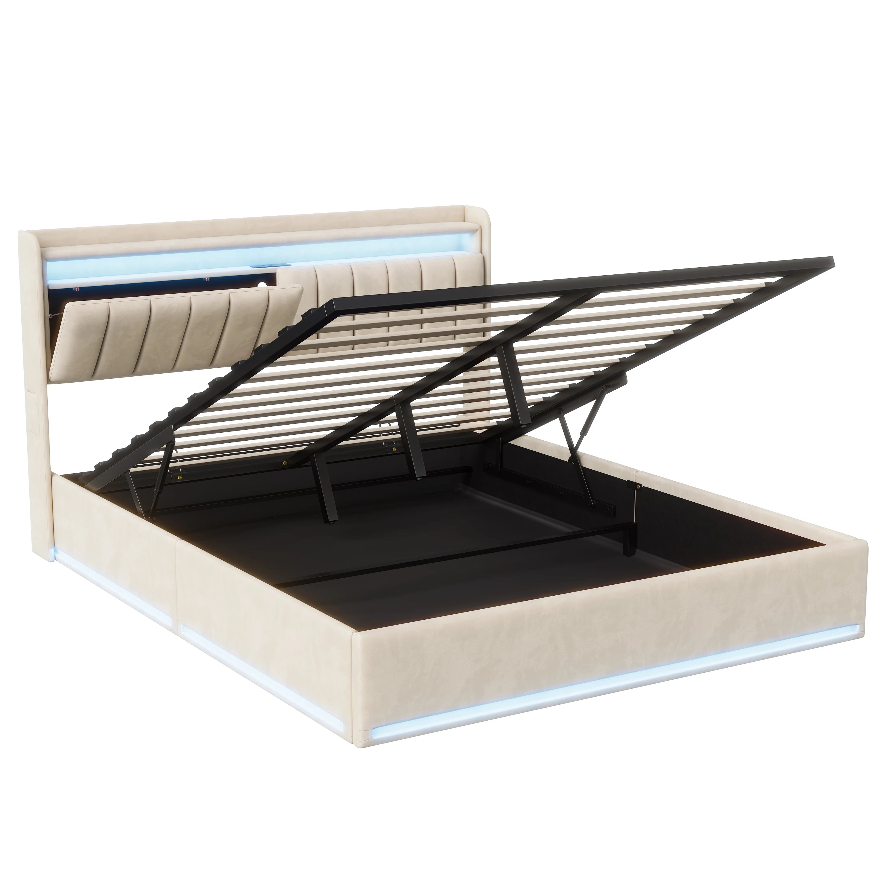 Tweepersoonsbed met geïntegreerde LED‑verlichting, USB‑oplaadfuncties en opbergruimte – Modern en functioneel bedframe