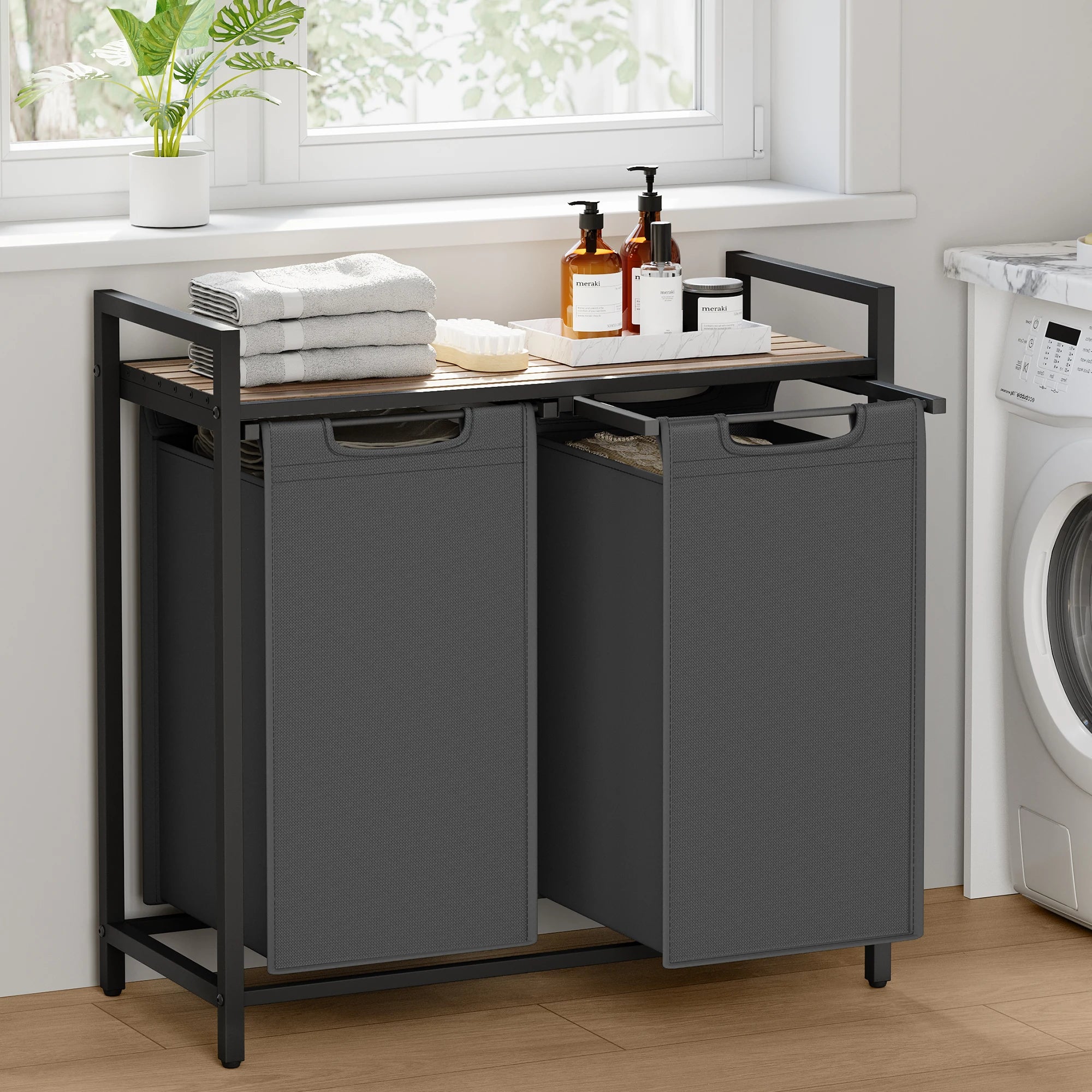 Grote Dubbele Wasmand met 2 Vakjes - 92 L - Stevig Frame & Afneembare Waszakken