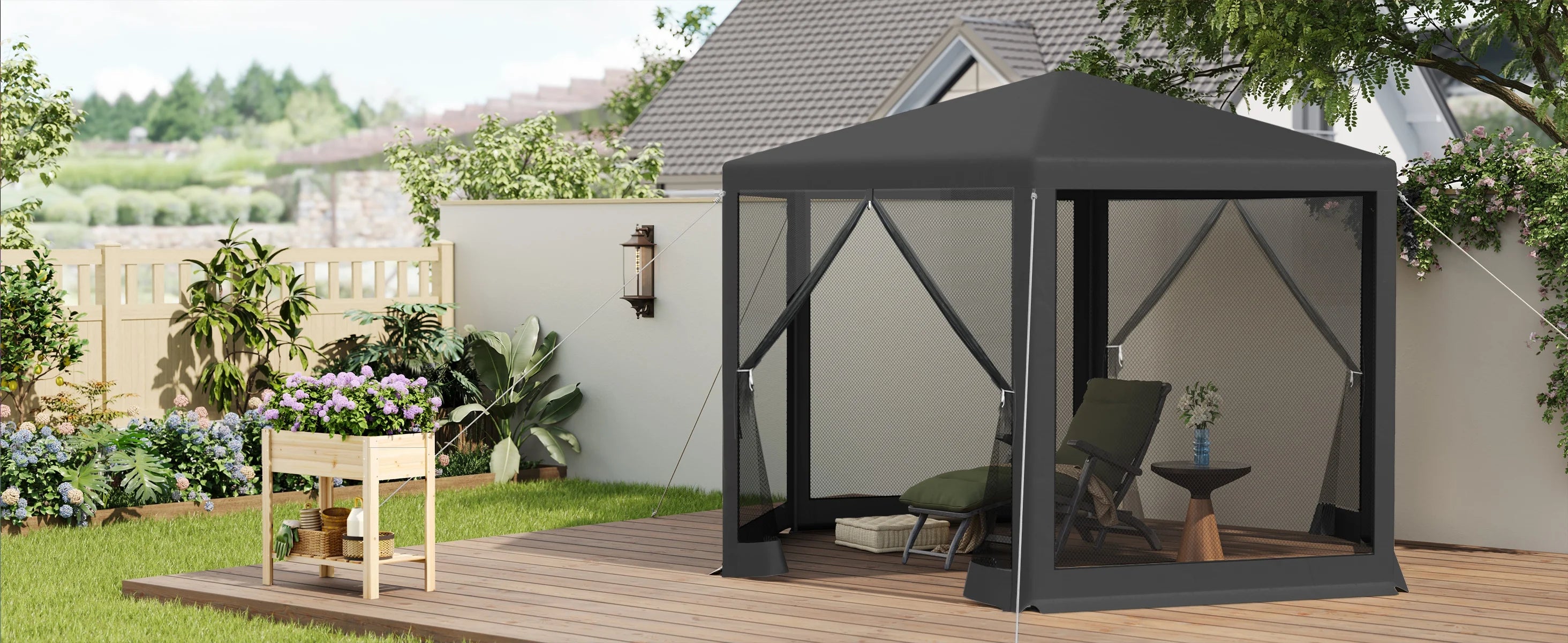 Tuinpaviljoen 3,8 x 3,3 m met Klamboe – Tuinhuisje met Mesh Zijwanden, UV-Bescherming & Luifel voor Tuin en Terras