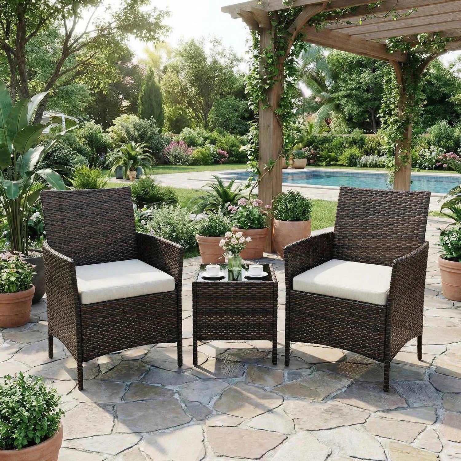 3-Delige Rotan Bistroset met Kussens – 2 Tuinstoelen & Glazen Salontafel – Tuinset voor Tuin, Terras & Veranda