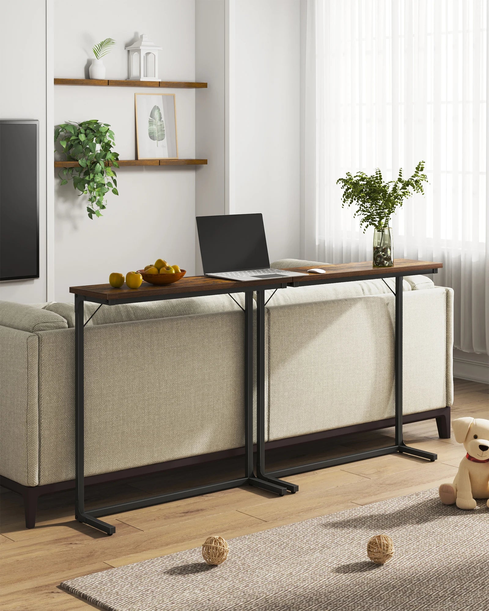 Smalle Industriële Sidetable / Console Tafel – Haltafel, Sofa Tafel voor Woonkamer en Gang – Zwart & Rustiek Bruin