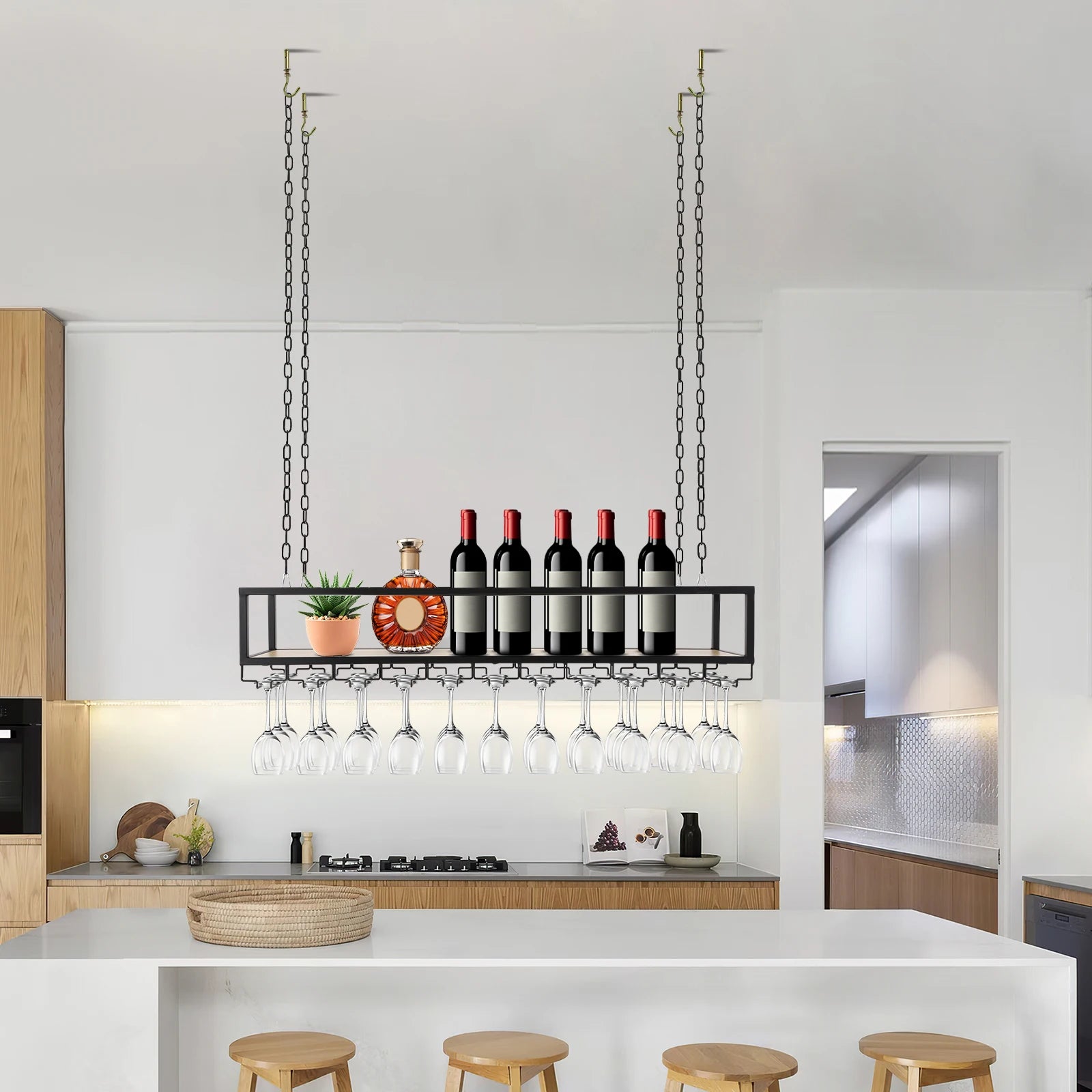 Vintage Plafond Wijnrek met Glazenhouder – Hangend Wijnrek Industrieel Zwart voor Keuken & Home Bar