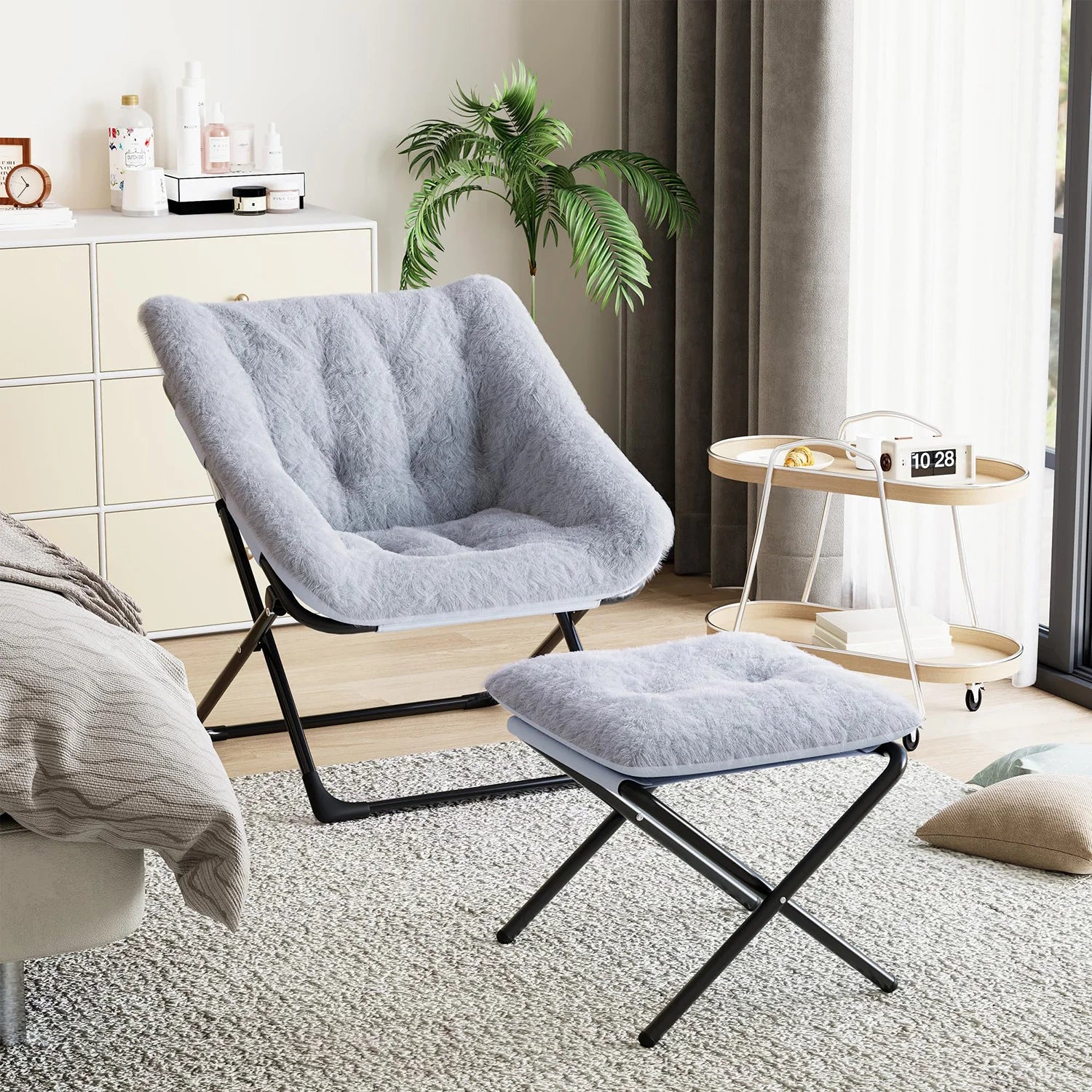 XL Opvouwbare Loungestoel met Faux Fur – Pluche Comfortstoel met Antislip Frame voor Woonkamer, Slaapkamer & Studentenkamer