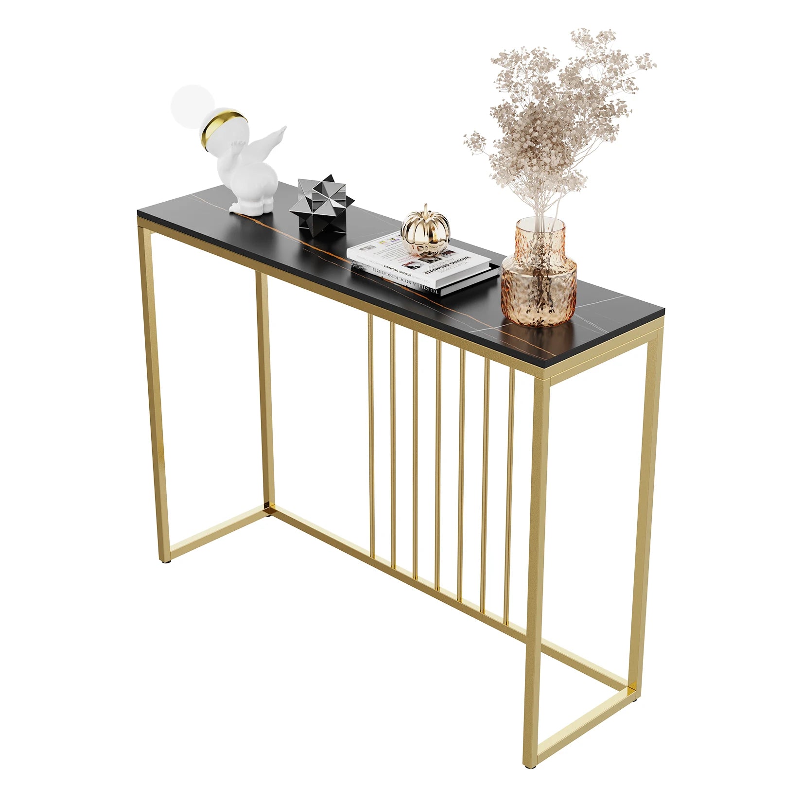 Moderne Marmeren Sidetable met Goud Frame – Smalle Console Tafel voor Hal, Entree en Woonkamer