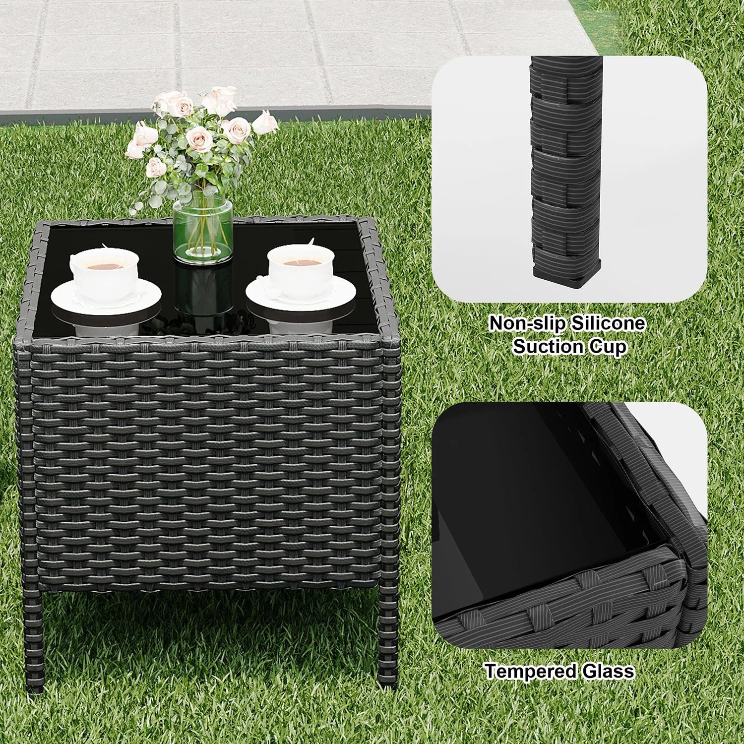 3-Delige Rotan Bistroset met Kussens – 2 Tuinstoelen & Glazen Salontafel – Tuinset voor Tuin, Terras & Veranda
