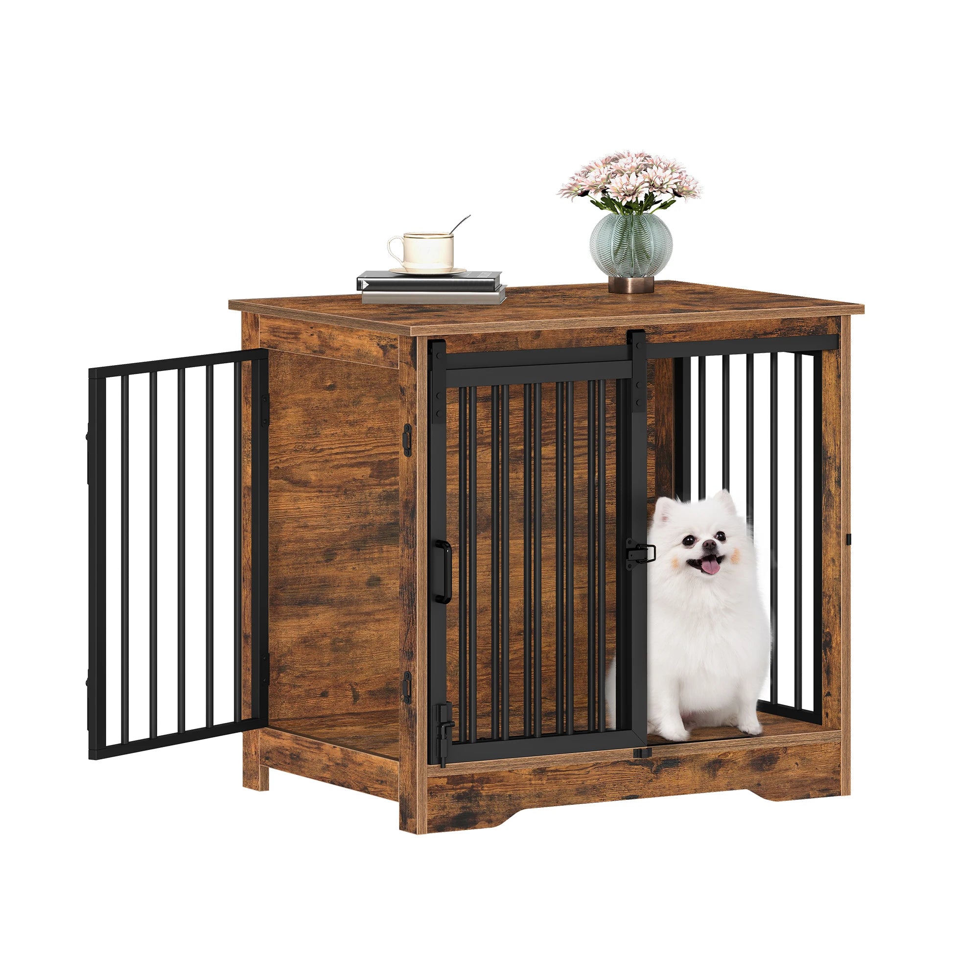 Houten Hondenbench Meubel met 2 Deuren – Industriële Hondenkooi Binnen – Hond Bench Tafel voor Kleine Honden – Vintage Bruin