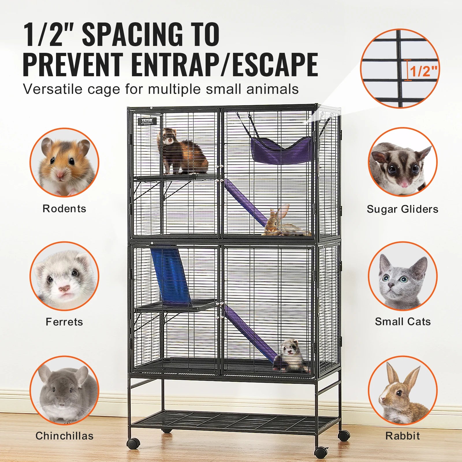 Grote Frettenkooi 164 cm met 4 Lagen – Metalen Dierenkooi met Platforms, Hangmat & Wielen – Voor Fretten, Chinchilla’s & Cavia’s