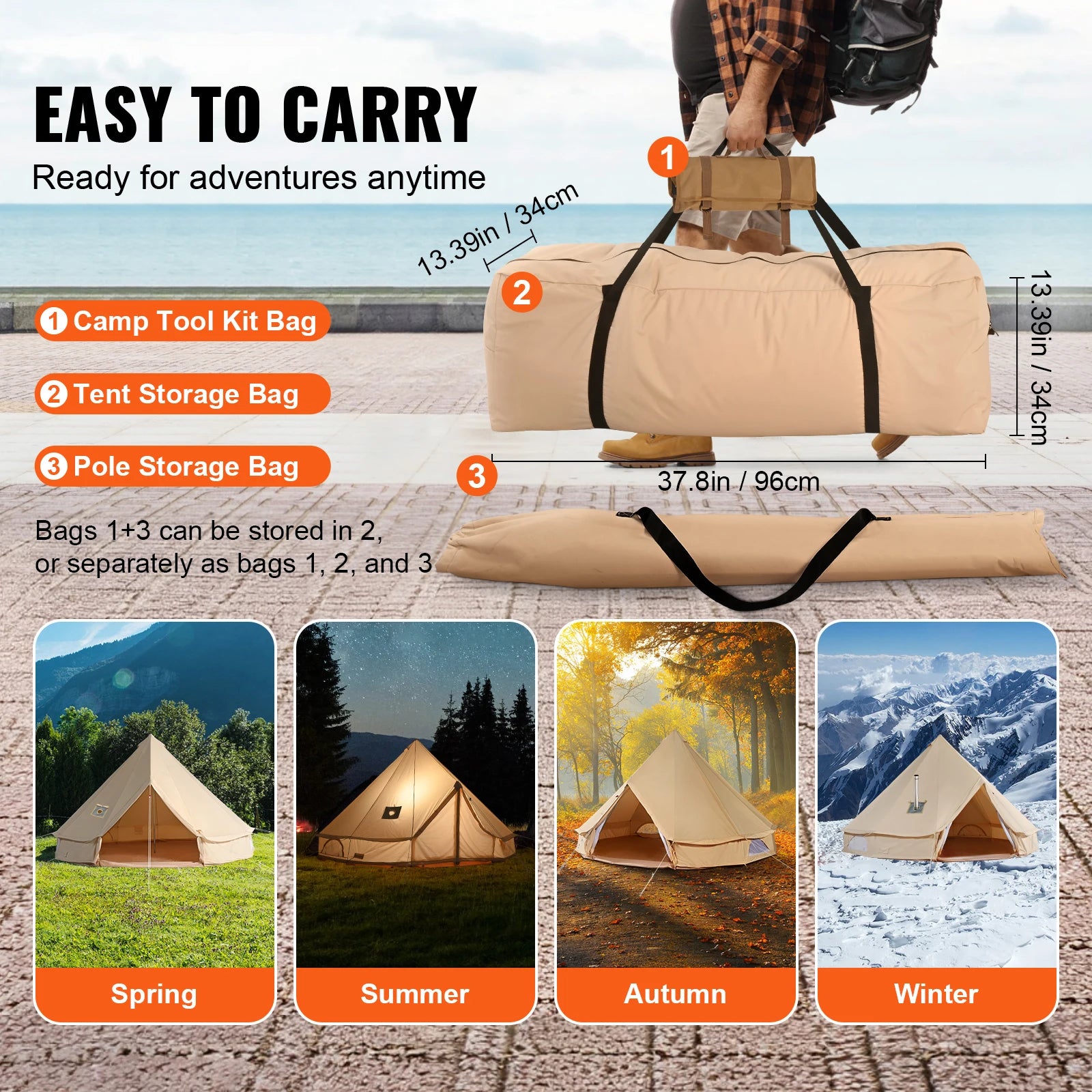 Canvas Bell Tent 5m – 4 Seizoenen Yurt Tent voor 8 Personen met Kachelaansluiting & Waterdicht Grondzeil