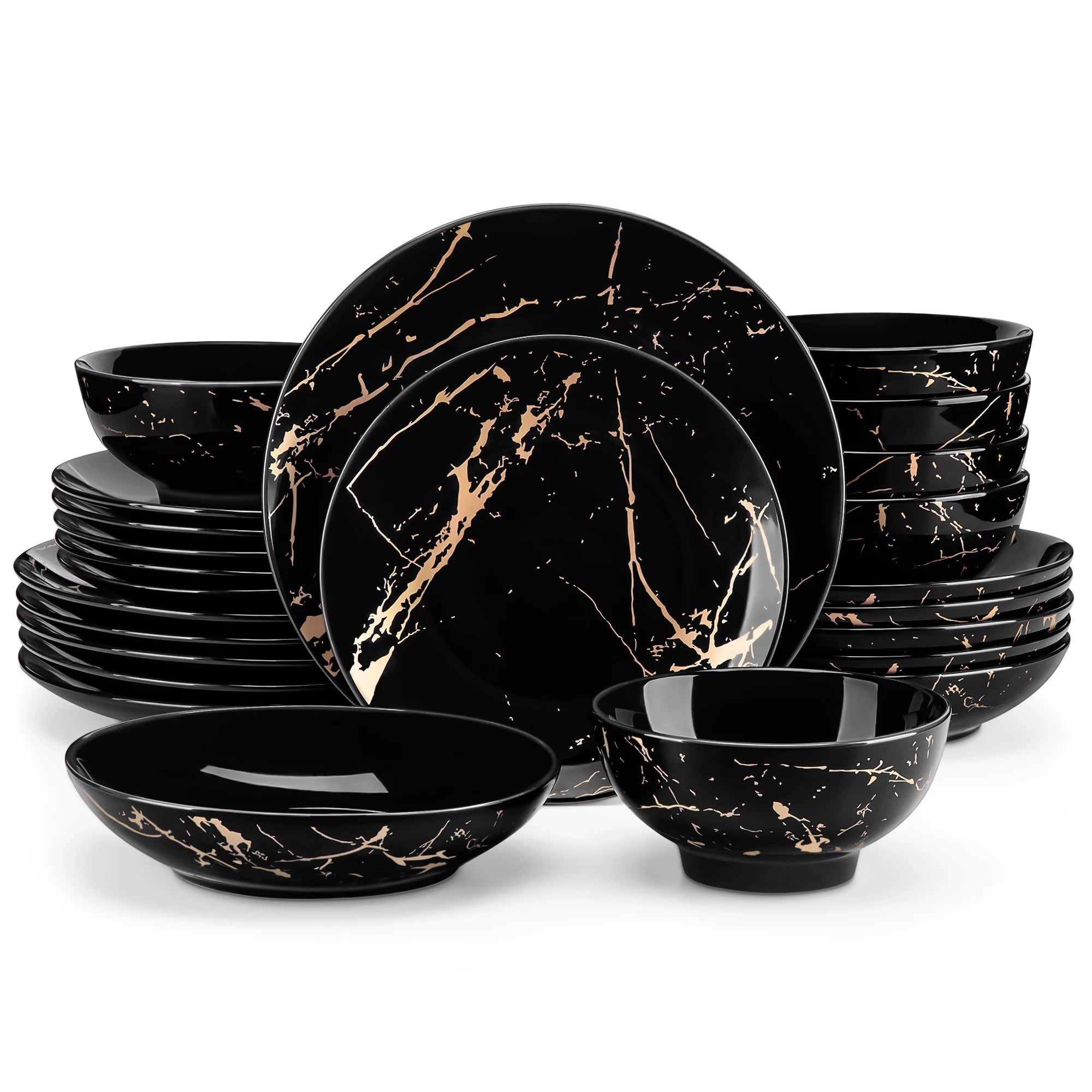 24-delige Goud Serviesset Porselein – Luxe Servies Set voor 6 Personen met Gouden Design Borden en Kommen
