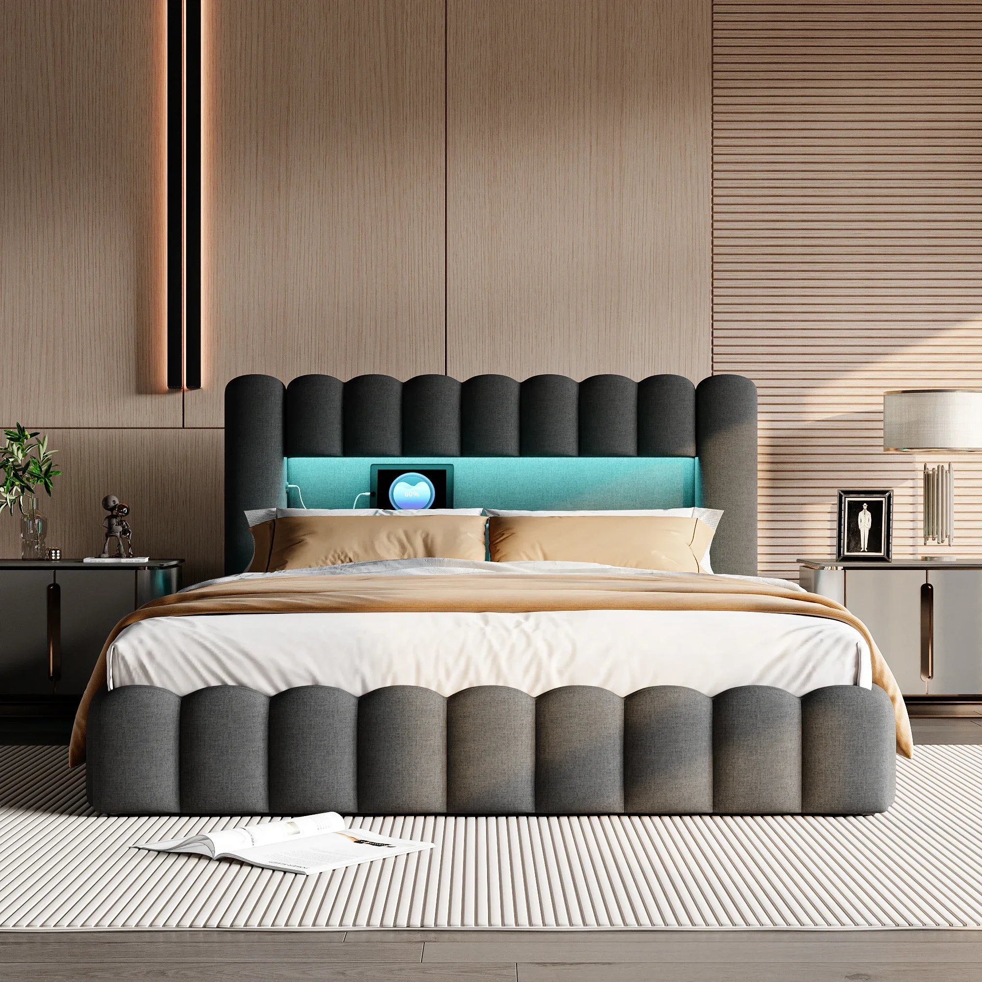 Gestoffeerd Tweepersoonsbed 140–180 cm met LED‑verlichting, USB‑poorten en Opbergruimte – Modern Opbergbed