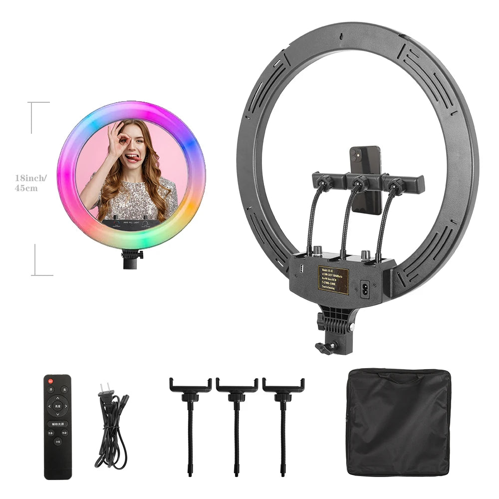 Dimbare 18 Inch RGB Selfie Ringlamp met Tripod en Telefoonhouder – Make-up, YouTube en Fotografie Studio Verlichting