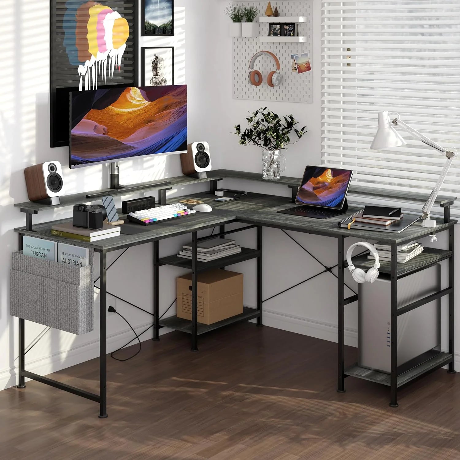 L-vormige Computerbureau met Opbergruimte, USB & LED RGB – Gaming en Kantoor Bureau Zwart/Grijs