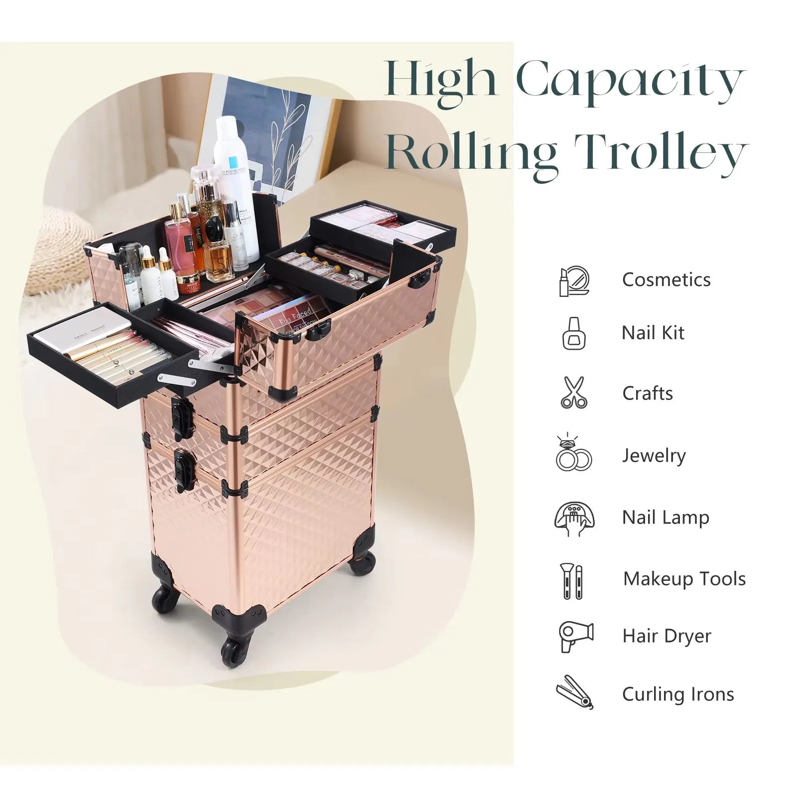 Rollende Make-up Koffer 3-in-1 – Professionele Cosmetica Trolley met Wieltjes, Slot en Afneembare Koffer – Beauty Organizer voor Salon en Reizen