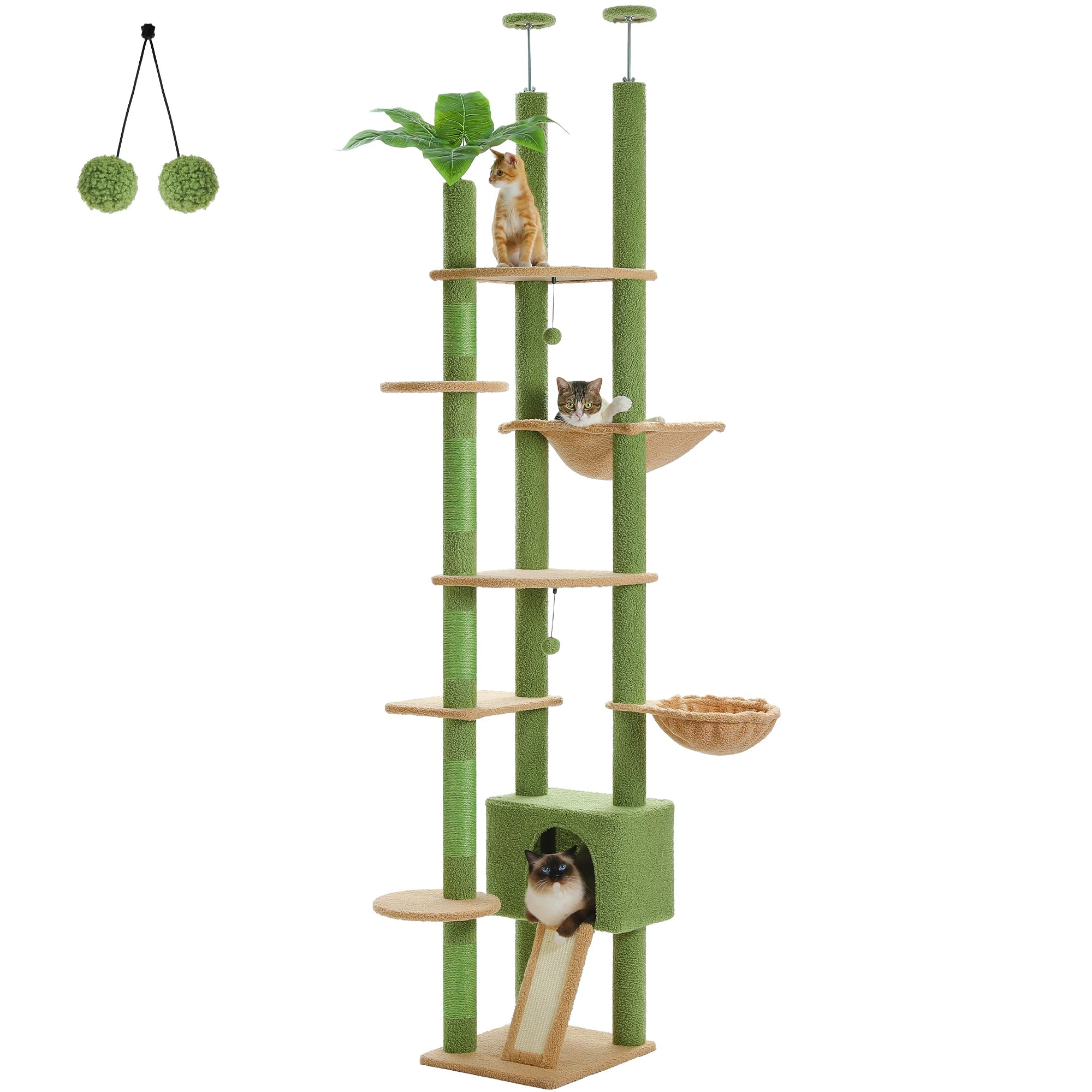 Verstelbare Houten Krabpaal tot Plafond met Hangmat en Kattenhuis – Grote Kattenboom met Sisal Krabpalen en 7 Niveaus – Luxe Katten Klimtoren voor Binnen