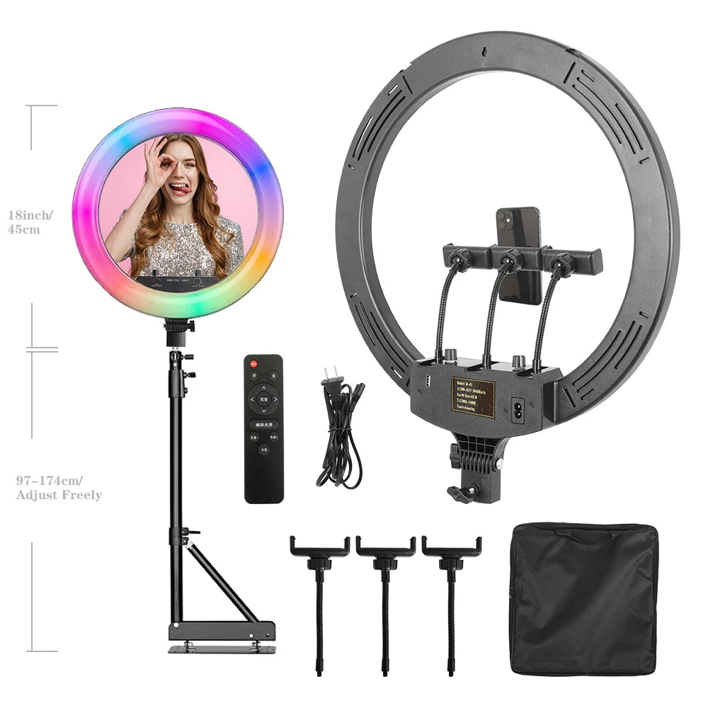 Dimbare 18 Inch RGB Selfie Ringlamp met Tripod en Telefoonhouder – Make-up, YouTube en Fotografie Studio Verlichting