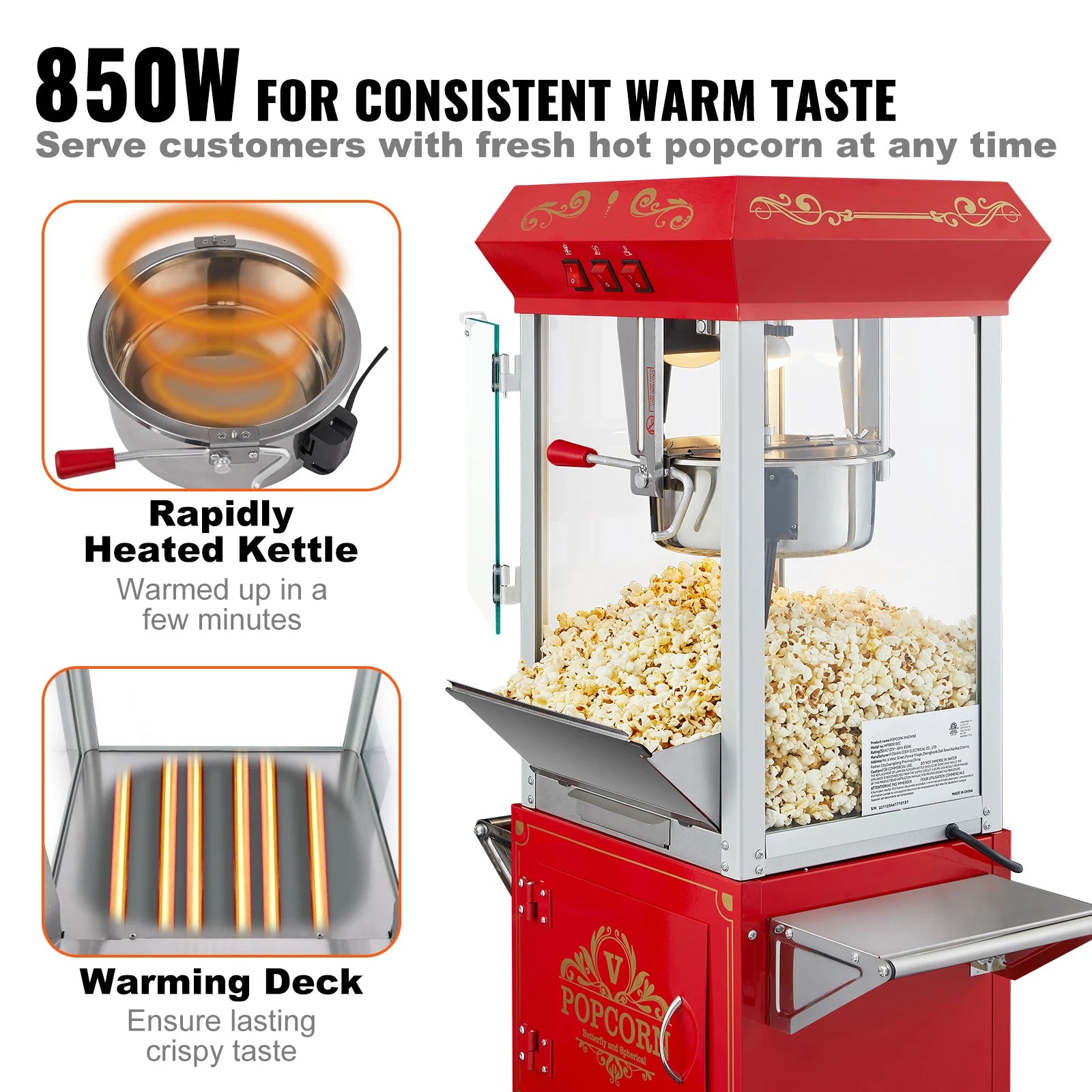 Professionele Popcornmaker met Kar – 8oz Ketel, 4 Schepjes – Commerciële Popcornmachine voor Evenementen en Kermissen
