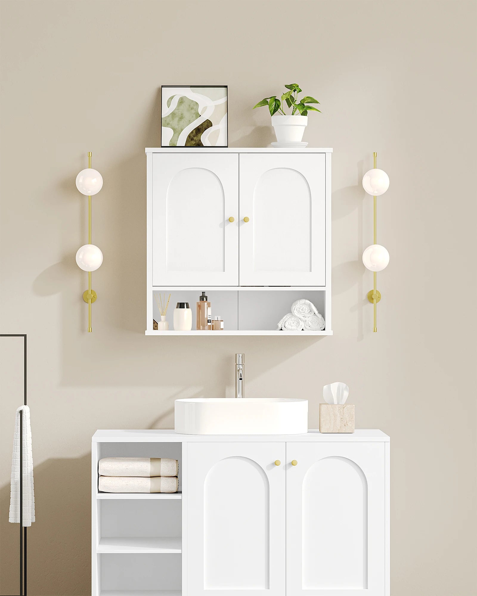 Badkamer Wandkast 60 x 20 x 60 cm – Wandmontage Opbergruimte – Wit met Houtnerf – 2 Deuren & Open Vak – Verstelbare Planken – Moderne Badkamerkast