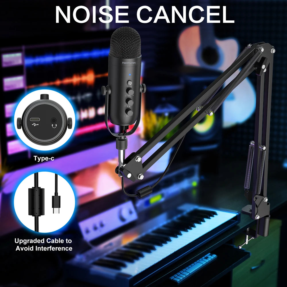 USB condensator microfoon set met boom arm – Cardioïde studio microfoon voor podcast, streaming en gaming