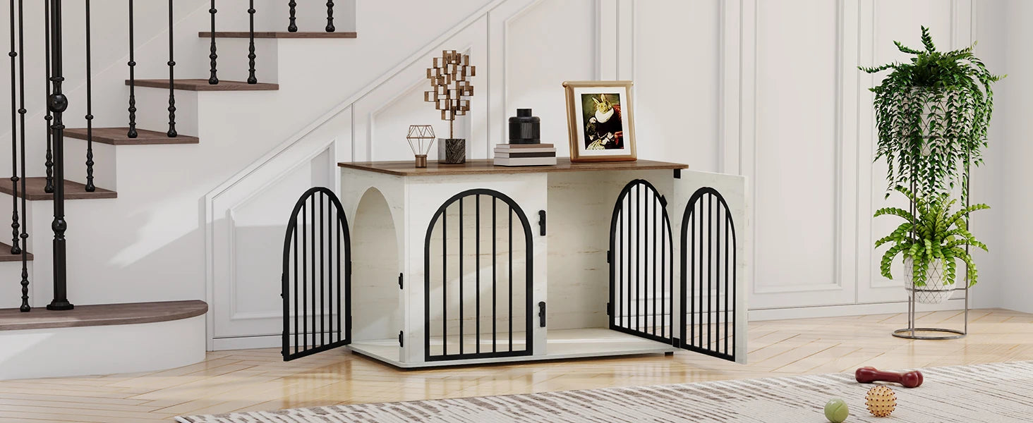 Houten Hondenbench Meubel 100 cm – Luxe Design Hondenkooi met 3 Deuren – Stevige Dog Crate voor Binnen – Bijzettafel & TV Meubel