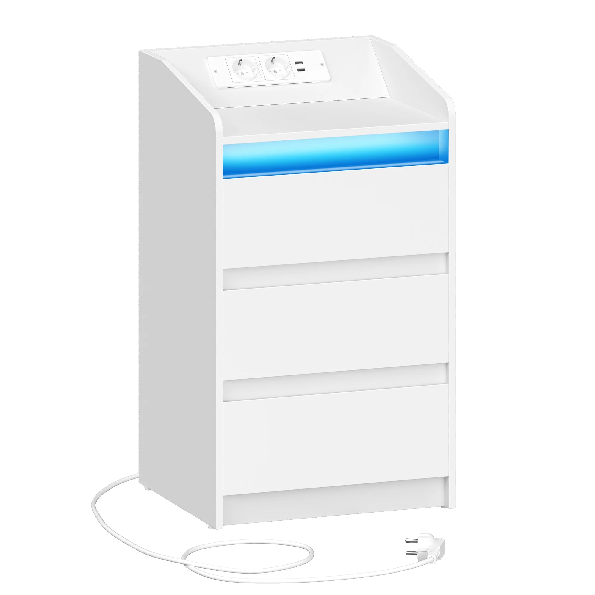 Nachtkastje met 3 Laden, LED Verlichting & Oplaadstation – Modern Wit Bijzettafel met USB en Stopcontact