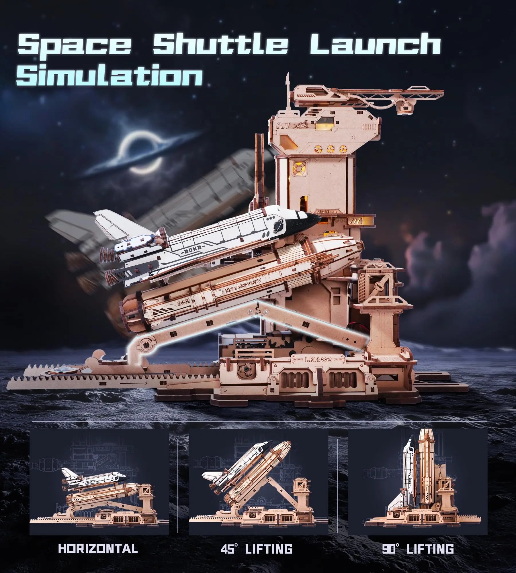 3D Houten Space Shuttle Puzzel met LED Licht – Mechanisch Bouwmodel voor Volwassenen en Tieners – Educatief STEM Cadeau