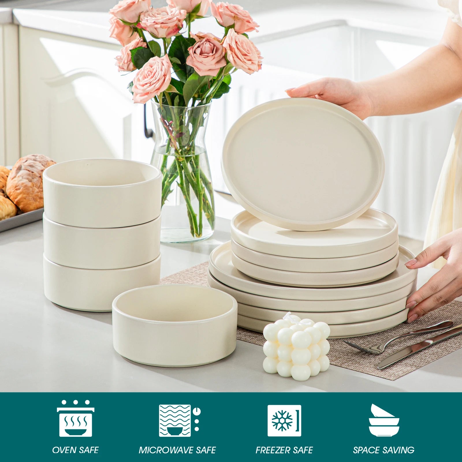 24-delige Serviesset van Steengoed Keramiek – Cream White Vierkant Servies voor 8 Personen