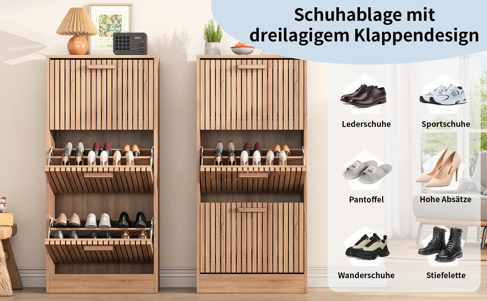 Smalle Rotan Schoenenkast met 3 Schuine Deuren – Ruimtebesparende Schoenopberger voor Hal en Gang