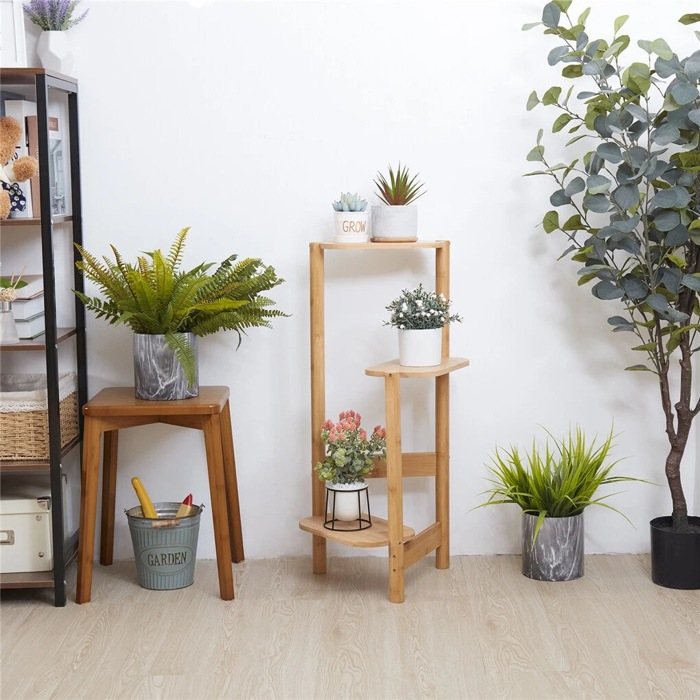 3-Laags Bamboe Plantenstandaard voor Binnen – Hoek Plantenrek voor Balkon, Woonkamer en Slaapkamer