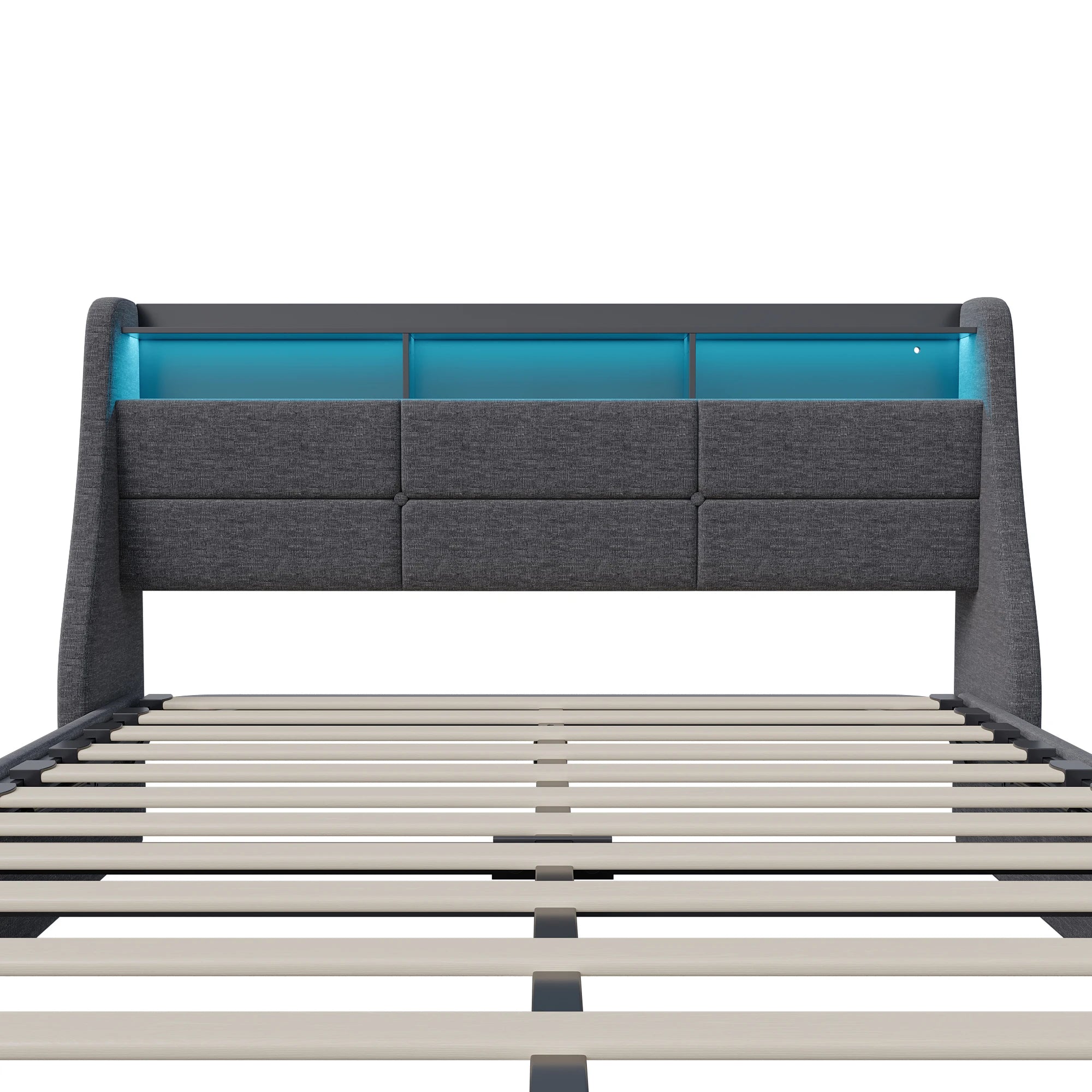 Gestoffeerd tweepersoonsbed 140/160x200 cm met LED‑hoofdeinde, USB‑oplaadfunctie en hydraulische opbergruimte