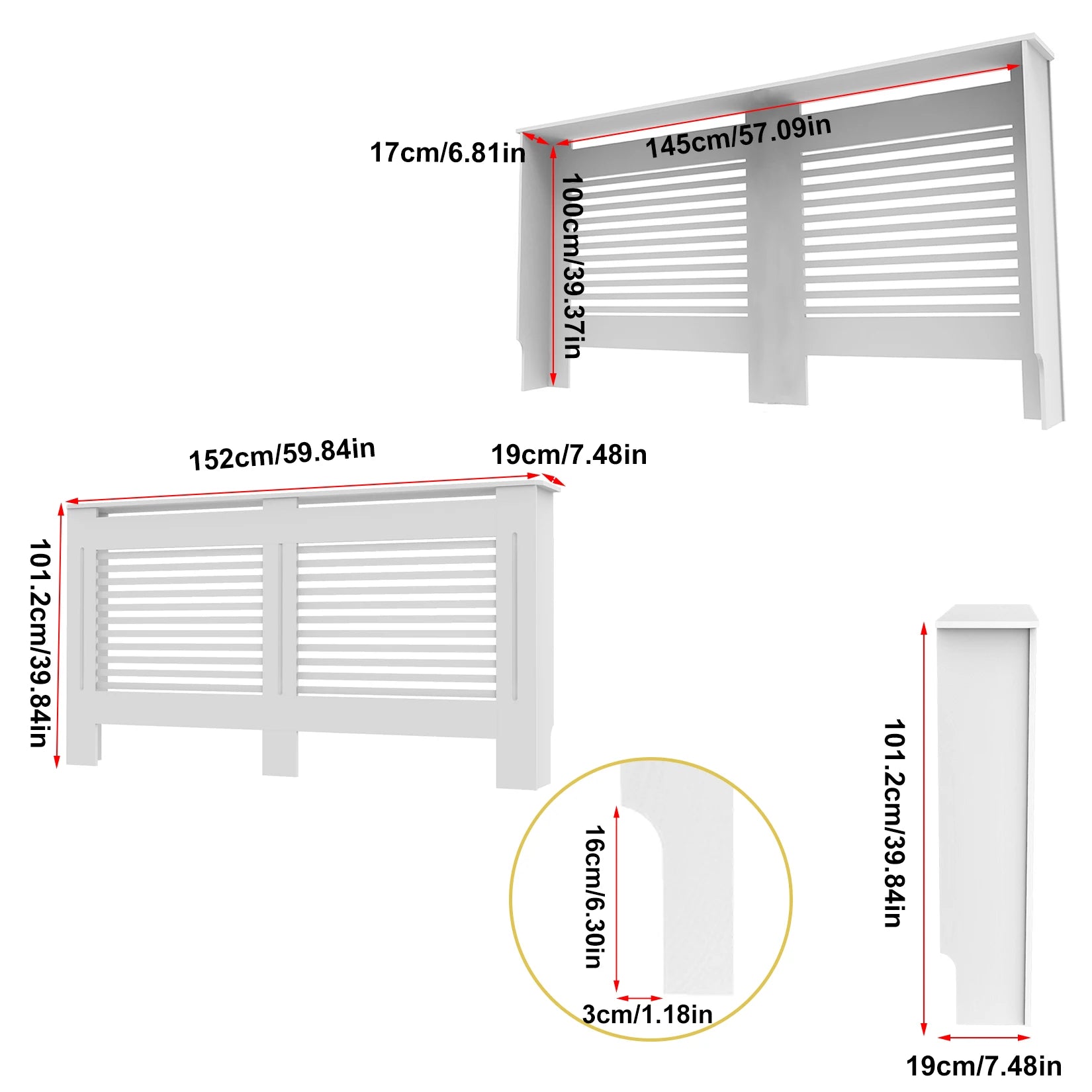 Moderne Radiator Cover Hoog – MDF Radiator Ombouw met Verticale Lamellen | Witte Radiator Kast met Plank