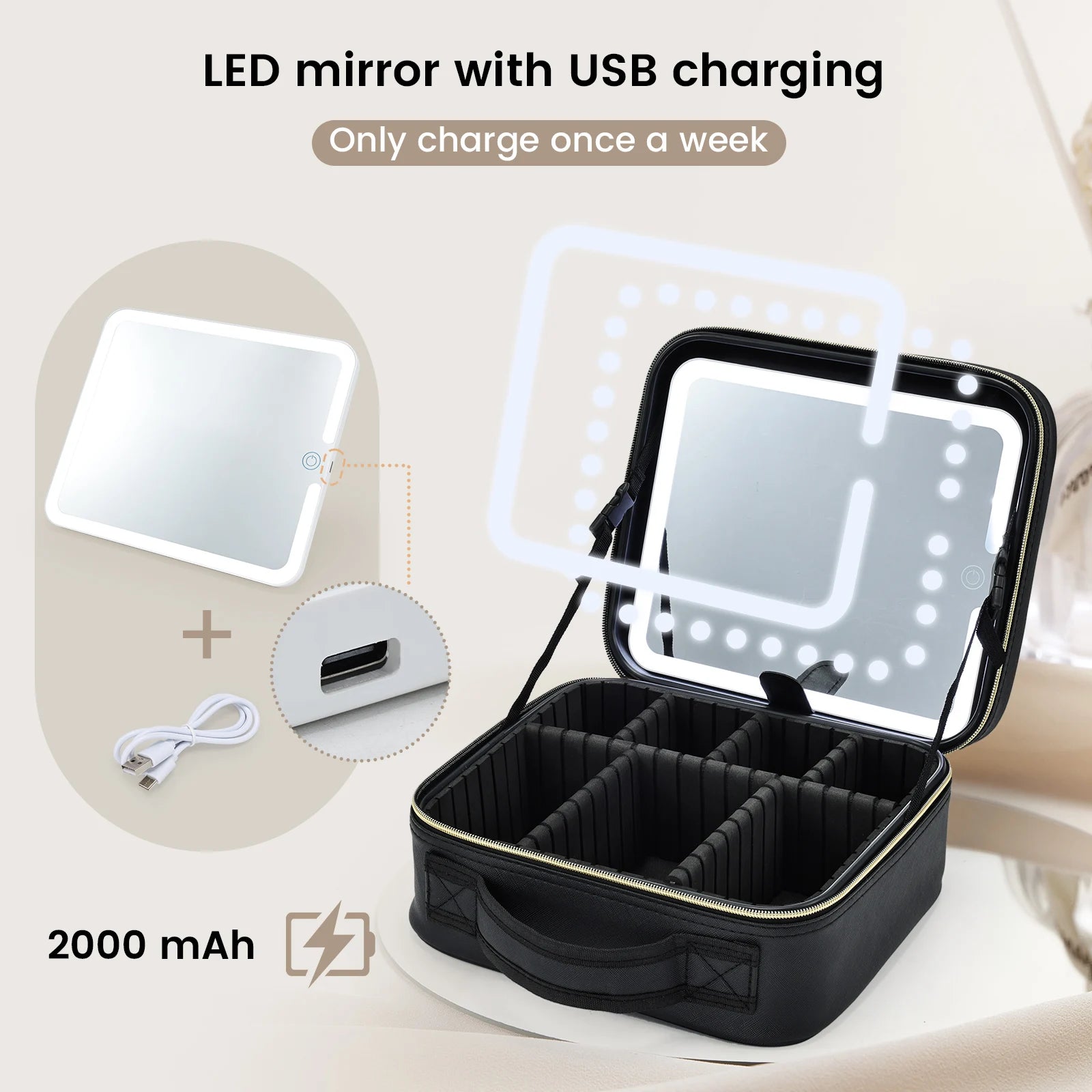 LED Make-uptasje met Spiegel – 3 Lichtstanden – Reismake-uptasje Waterdicht en Compact voor Cosmetica