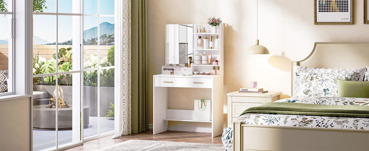 Kaptafel met Spiegel en Lades – Witte Make-up Tafel met Opbergruimte, 4 Open Planken & 2 Lades – Moderne Vanity Tafel Slaapkamer