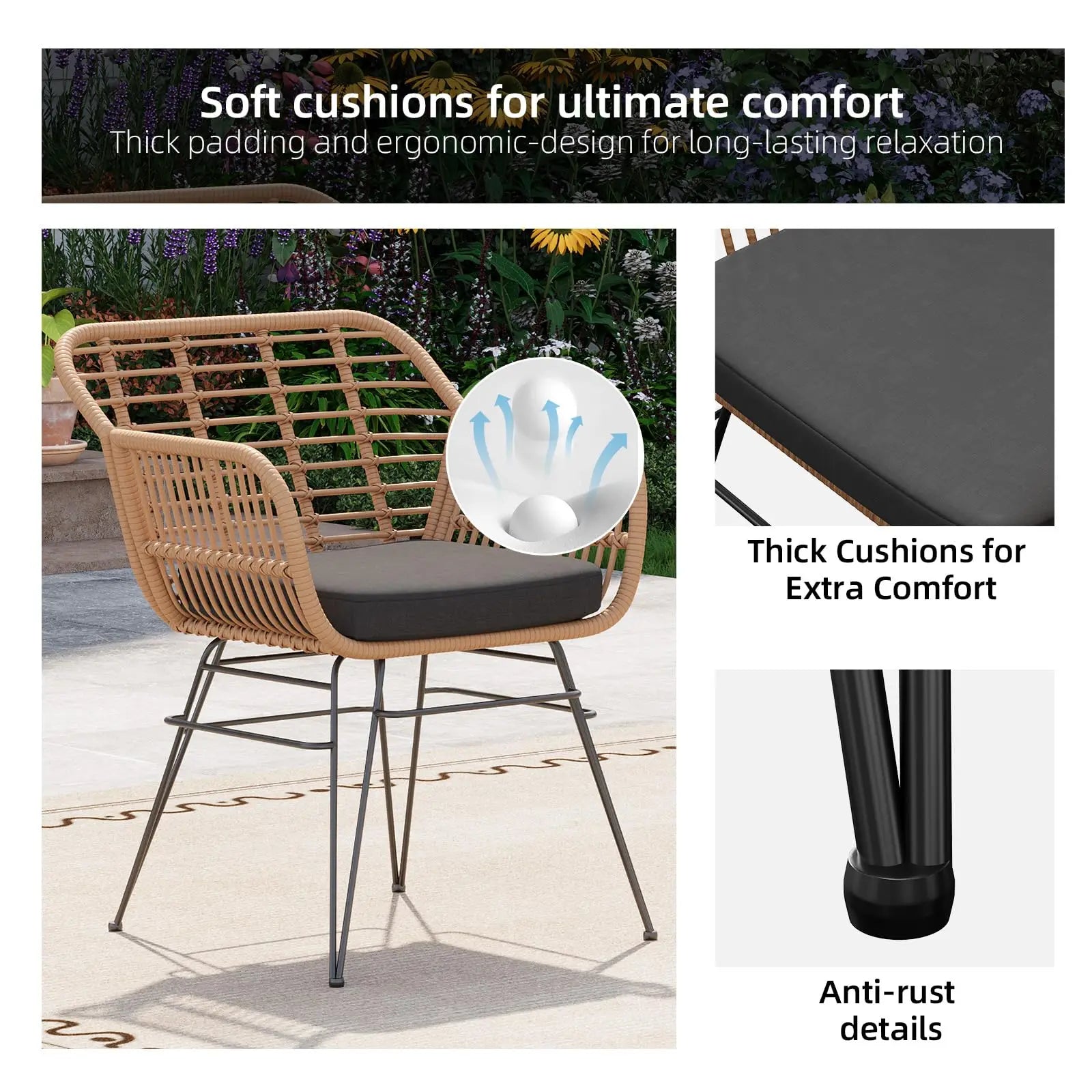 3-Delige Rotan Bistroset met Kussens – 2 Tuinstoelen & Glazen Bijzettafel – Balkonset voor Tuin, Terras & Balkon