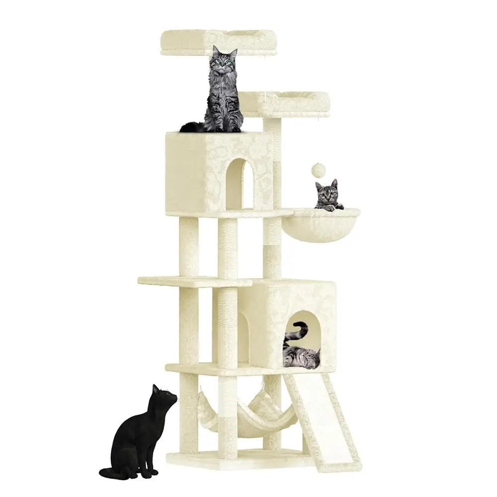 Katten Krabpaal 158 cm – Grote Kattenboom met 2 Huisjes, 2 Hangmatten & 7 Sisal Krabpalen – Luxe Klimtoren voor Binnenkatten